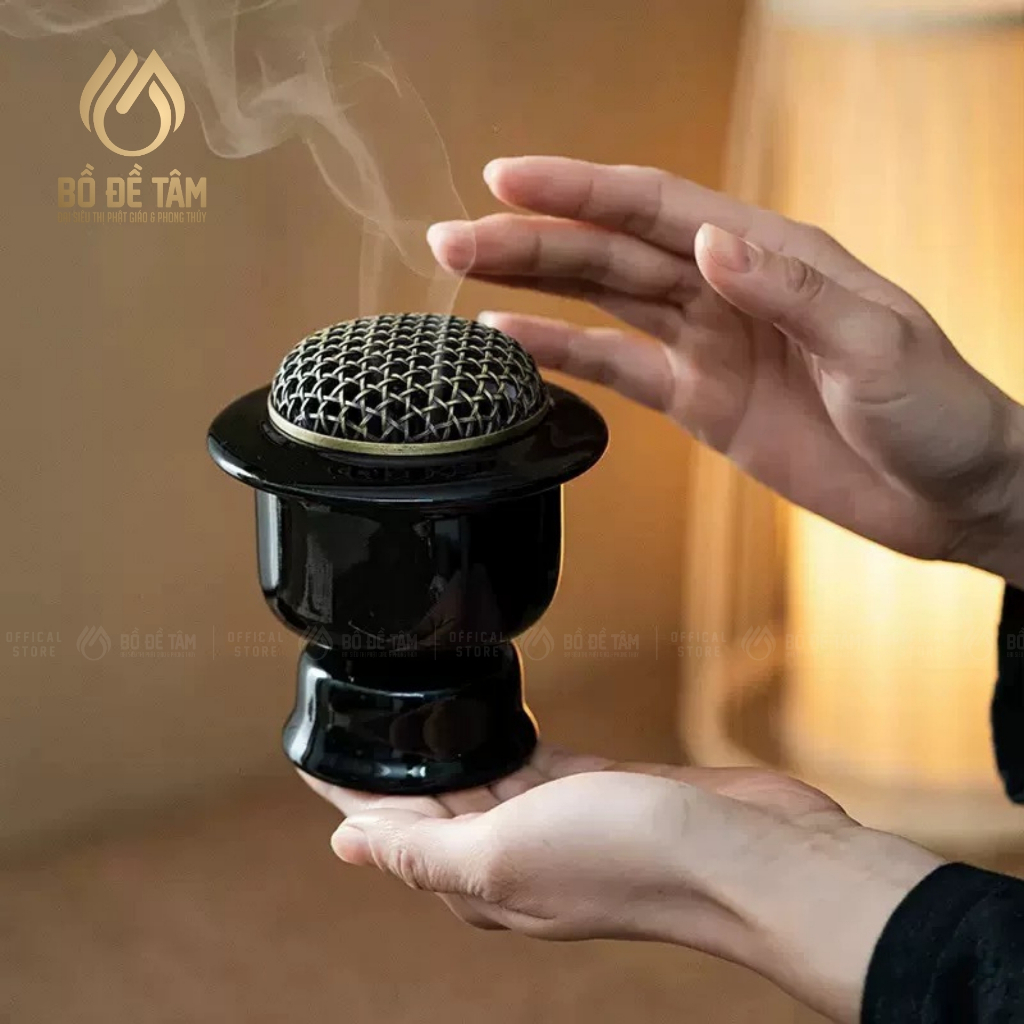 Lư Xông Trầm Điện Gốm Đen Nắp Đồng Dạng Trụ Cao Cấp