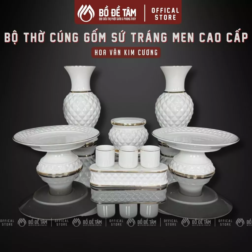 [COMBO] Trọn Bộ Thờ Cúng Gốm Sứ Trắng Tráng Men Họa Tiết Kim Cương