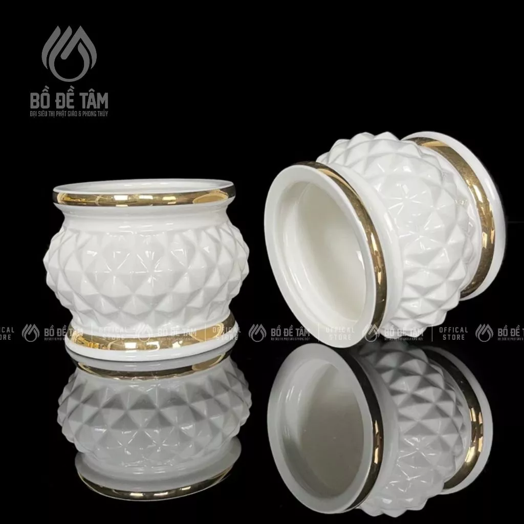 [COMBO] Trọn Bộ Thờ Cúng Gốm Sứ Trắng Tráng Men Họa Tiết Kim Cương