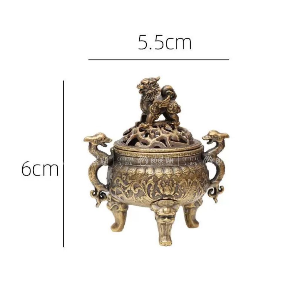 Lư Hương Kỳ Lân Mini 3 Chân 5.5cm – Đốt Trầm Vân Mây, Kèm Đế Chống Cháy – Hợp Kim Kẽm