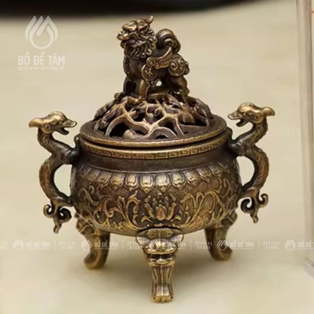 Lư Hương Kỳ Lân Mini 3 Chân 5.5cm – Đốt Trầm Vân Mây, Kèm Đế Chống Cháy – Hợp Kim Kẽm