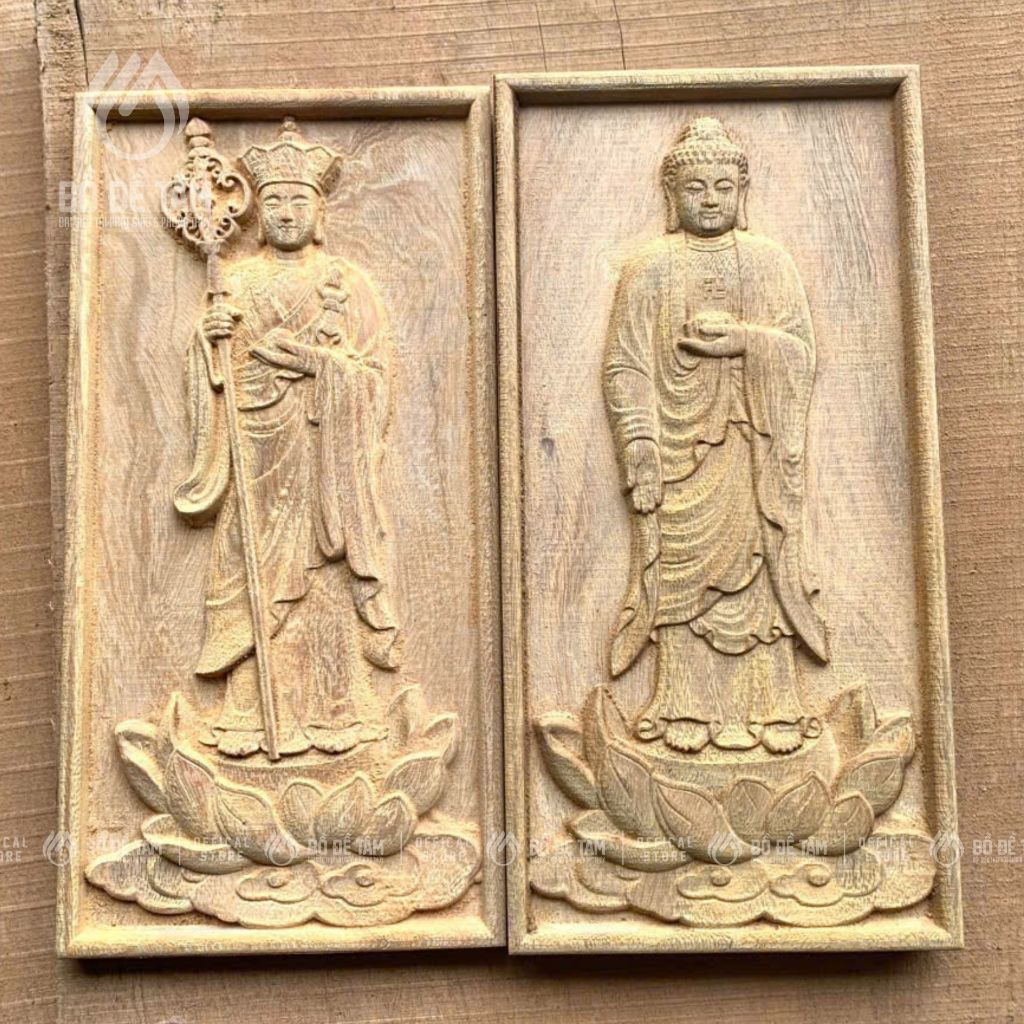Tranh Gỗ Bộ Tam Thánh 20x40cm Treo Tường – Phật A Di Đà, Quán Âm, Địa Tạng | Siêu Thị Bồ Đề Tâm