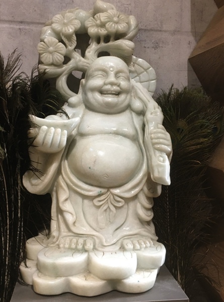 BỒ TÁT DI LẶC VÁC CÀNH ĐÀO ĐỨNG CẨM THẠCH XANH VN 70CM