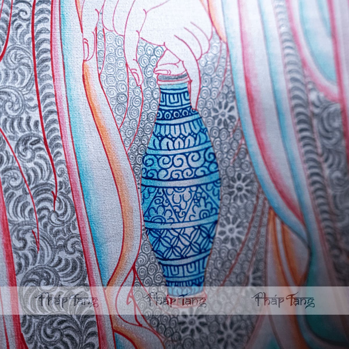 THANGKA QUAN THẾ ÂM BỒ TÁT DÁT BẠC VIỀN ĐỎ KT120x90cm