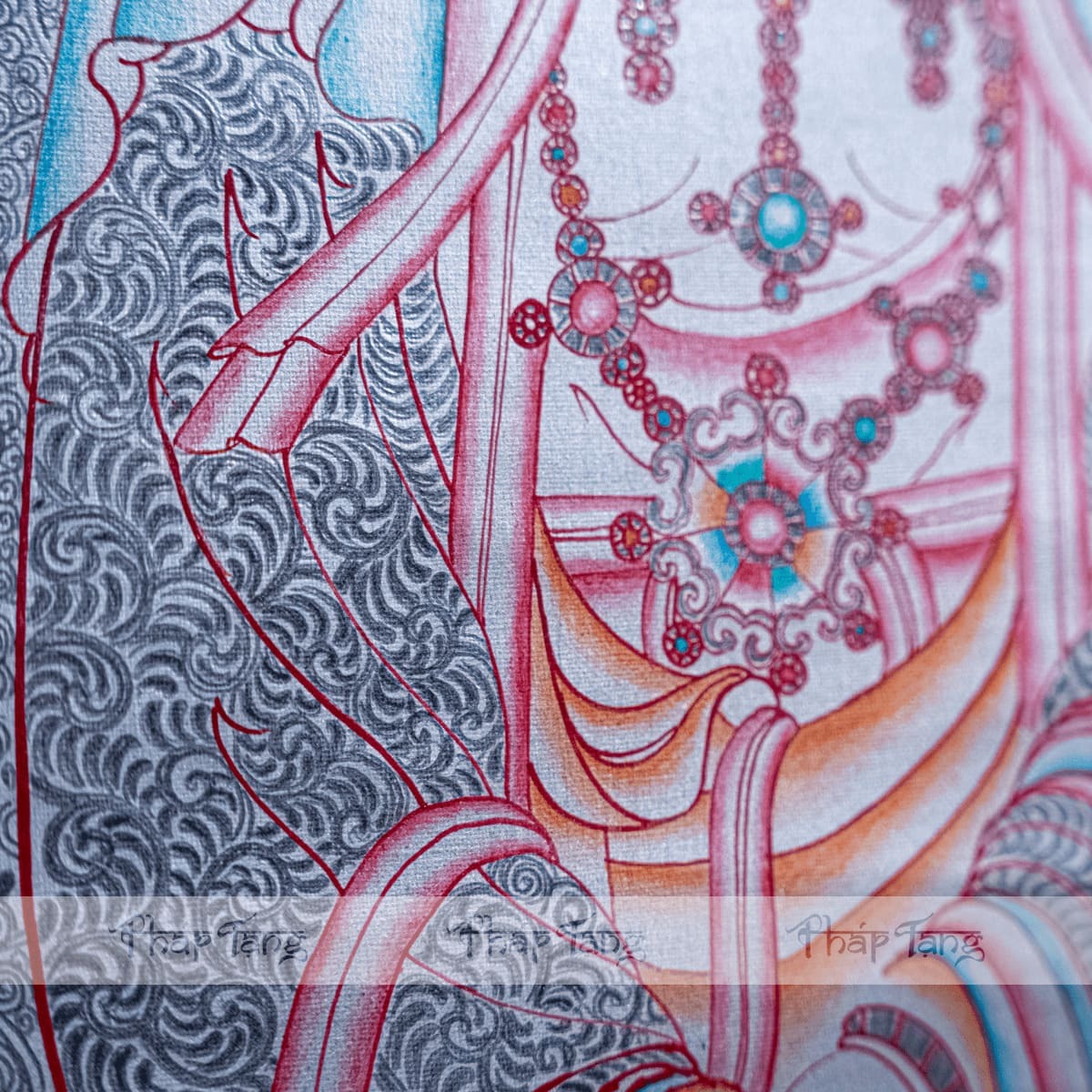 THANGKA QUAN THẾ ÂM BỒ TÁT DÁT BẠC VIỀN ĐỎ KT120x90cm