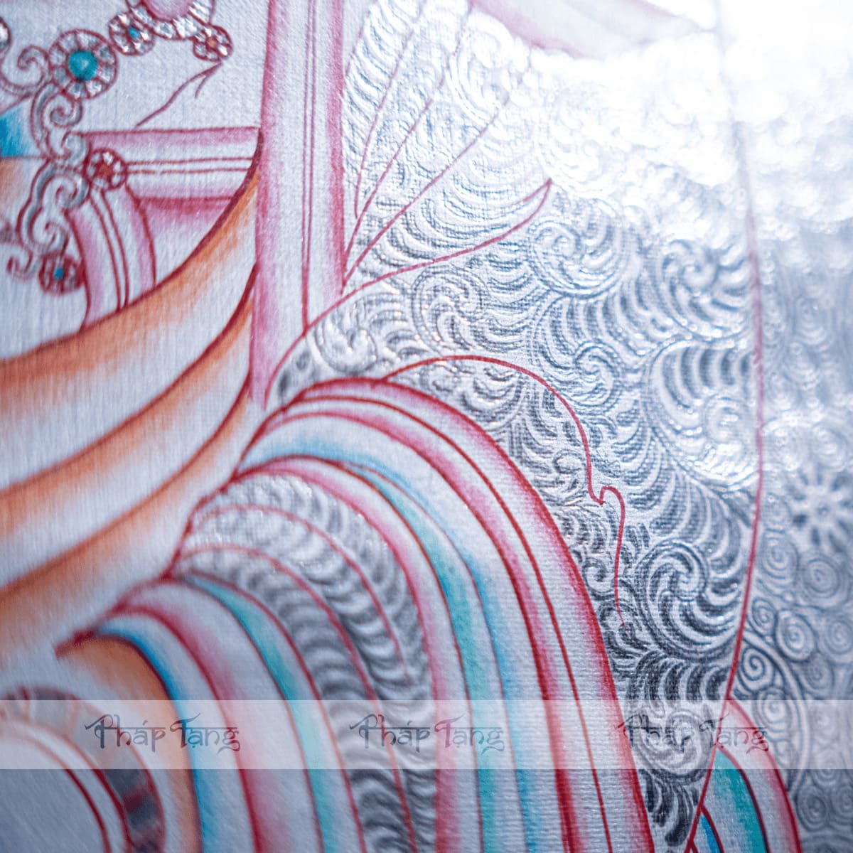 THANGKA QUAN THẾ ÂM BỒ TÁT DÁT BẠC VIỀN ĐỎ KT120x90cm