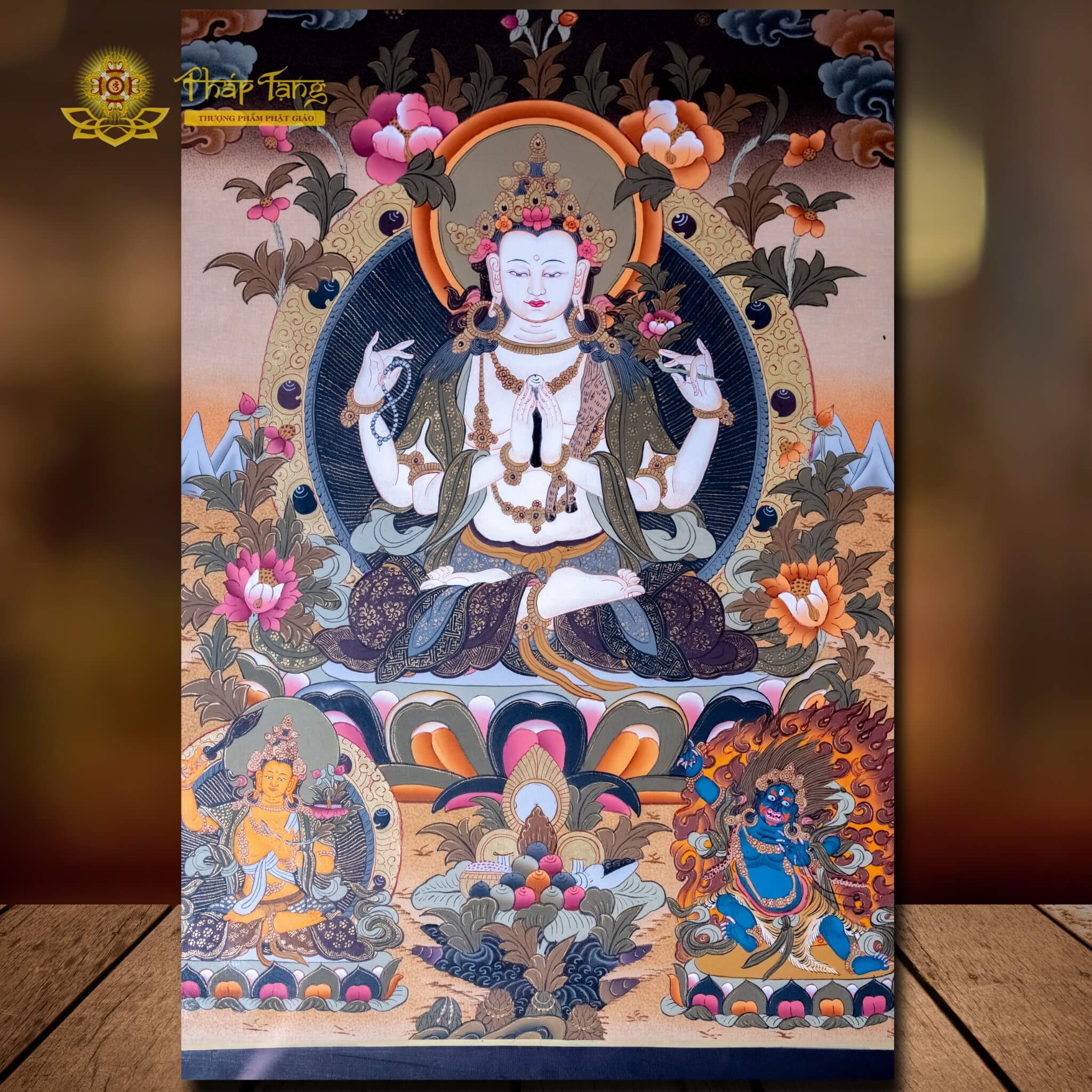 THANGKA BỒ TÁT QUAN QUAN ÂM TỨ THỦ KT 45 X 55cm