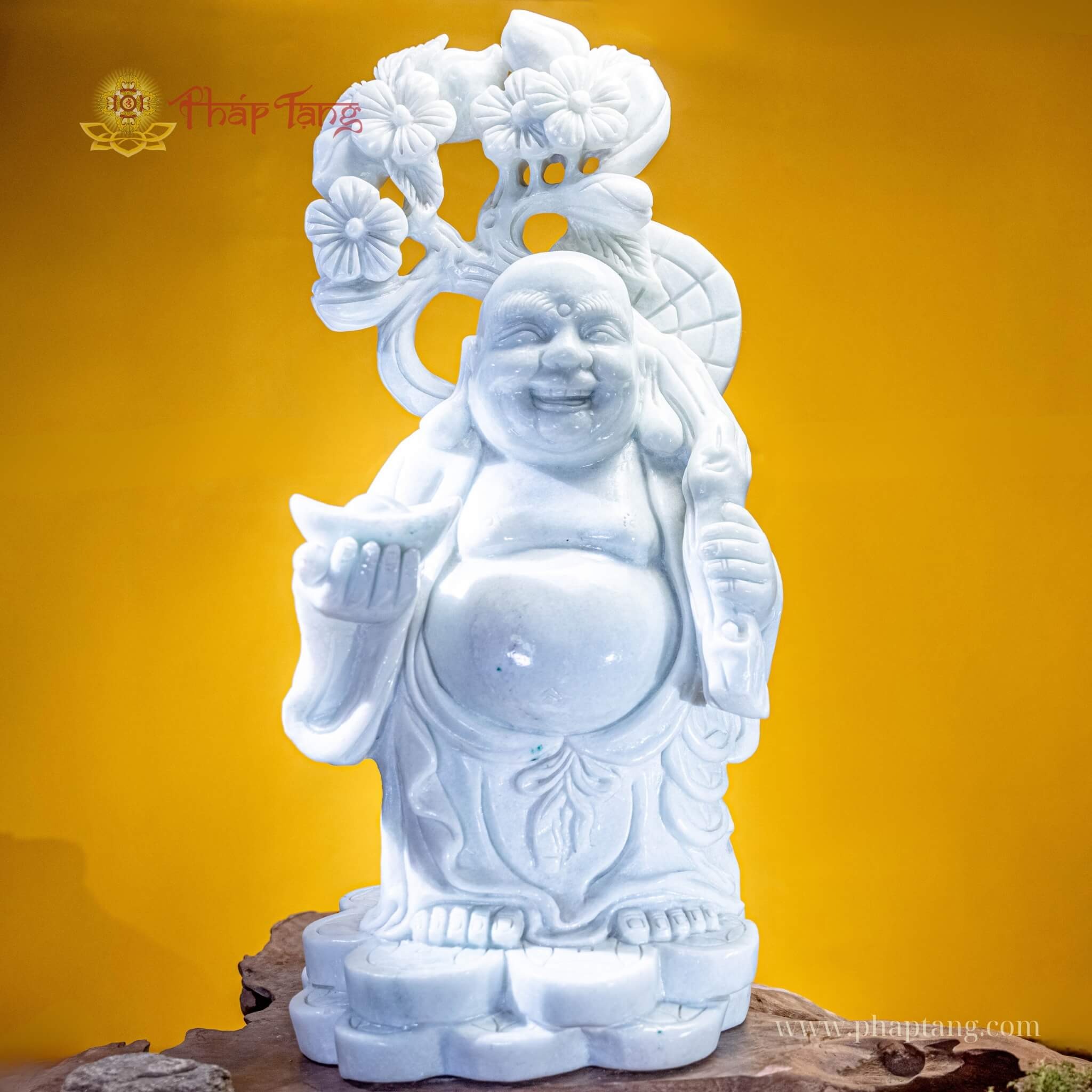 BỒ TÁT DI LẶC VÁC CÀNH ĐÀO ĐỨNG CẨM THẠCH XANH VN 70CM