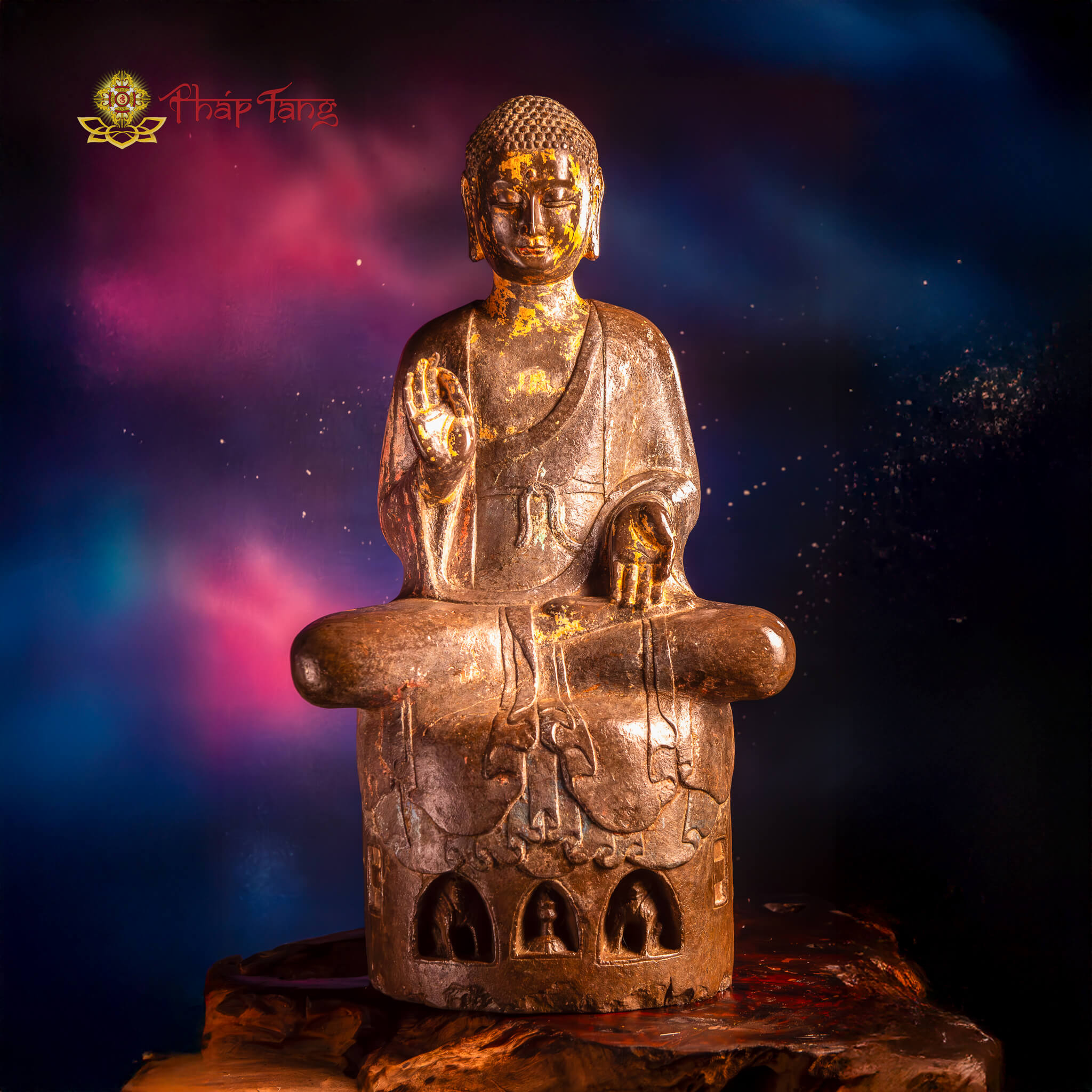 ĐỨC PHẬT BỔN SƯ ĐÁ XANH NGUYÊN KHỐI XƯA ẤN TIẾP DẪN DÁNG NGỒI 70CM