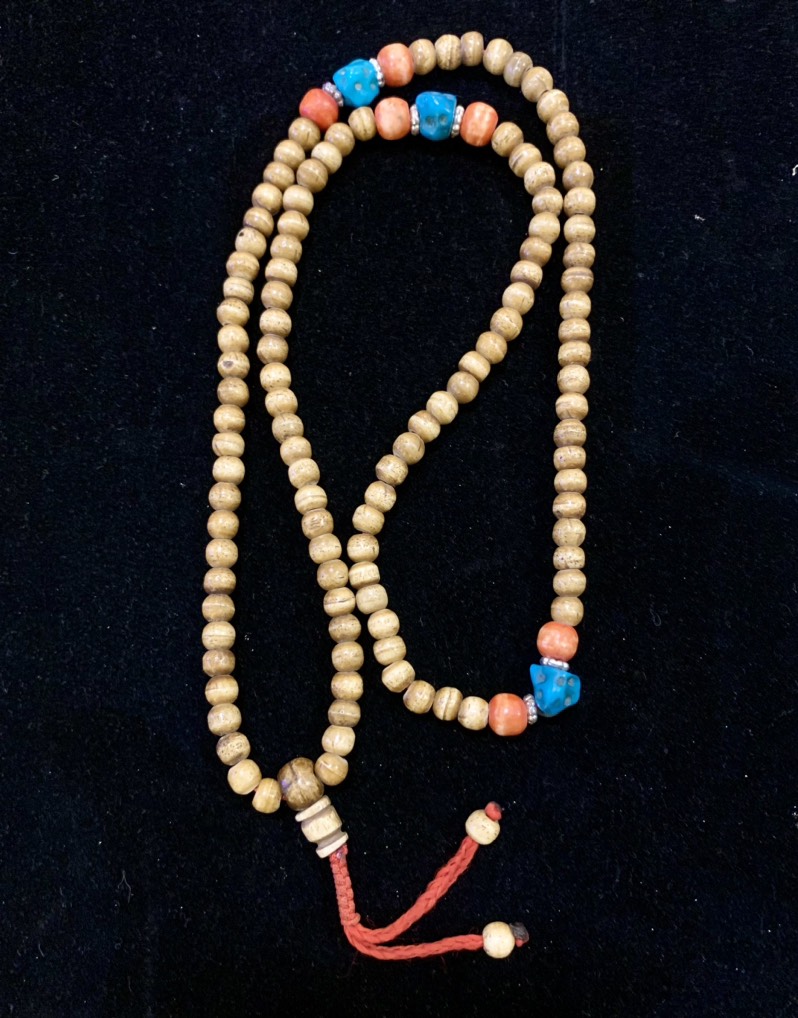 CHUỖI MALA 108 XƯƠNG YAK CỔ MIX SAN HÔ ĐỎ, NGỌC LAM