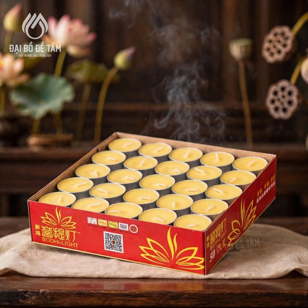 Nến bơ cúng Phật 100 viên cháy 2h (vàng) - Không gian bài trí trang nghiêm thanh tịnh - Siêu Thị Đại Bồ Đề Tâm