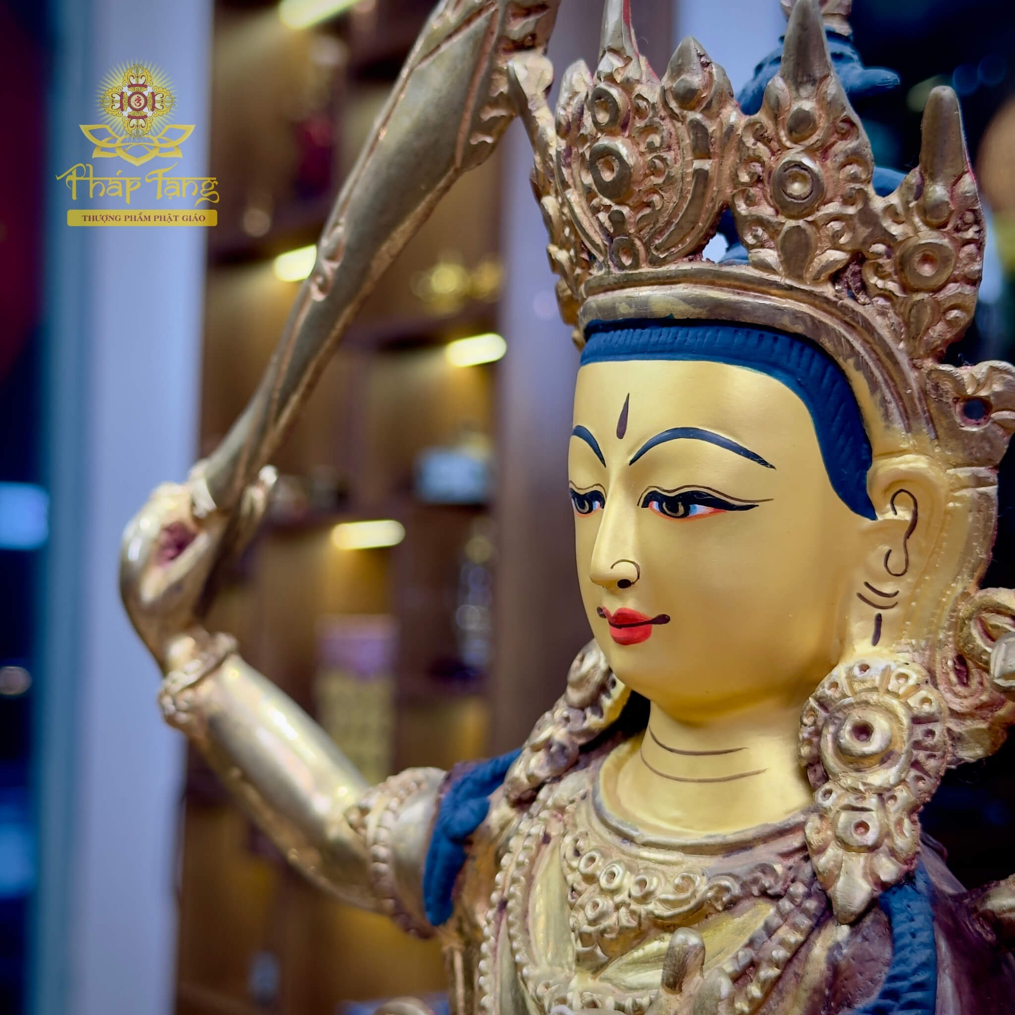 Thánh Tượng Đại Trí Văn Thù Sư Lợi Bồ Tát Đồng Mạ Vàng Nepal 32cm