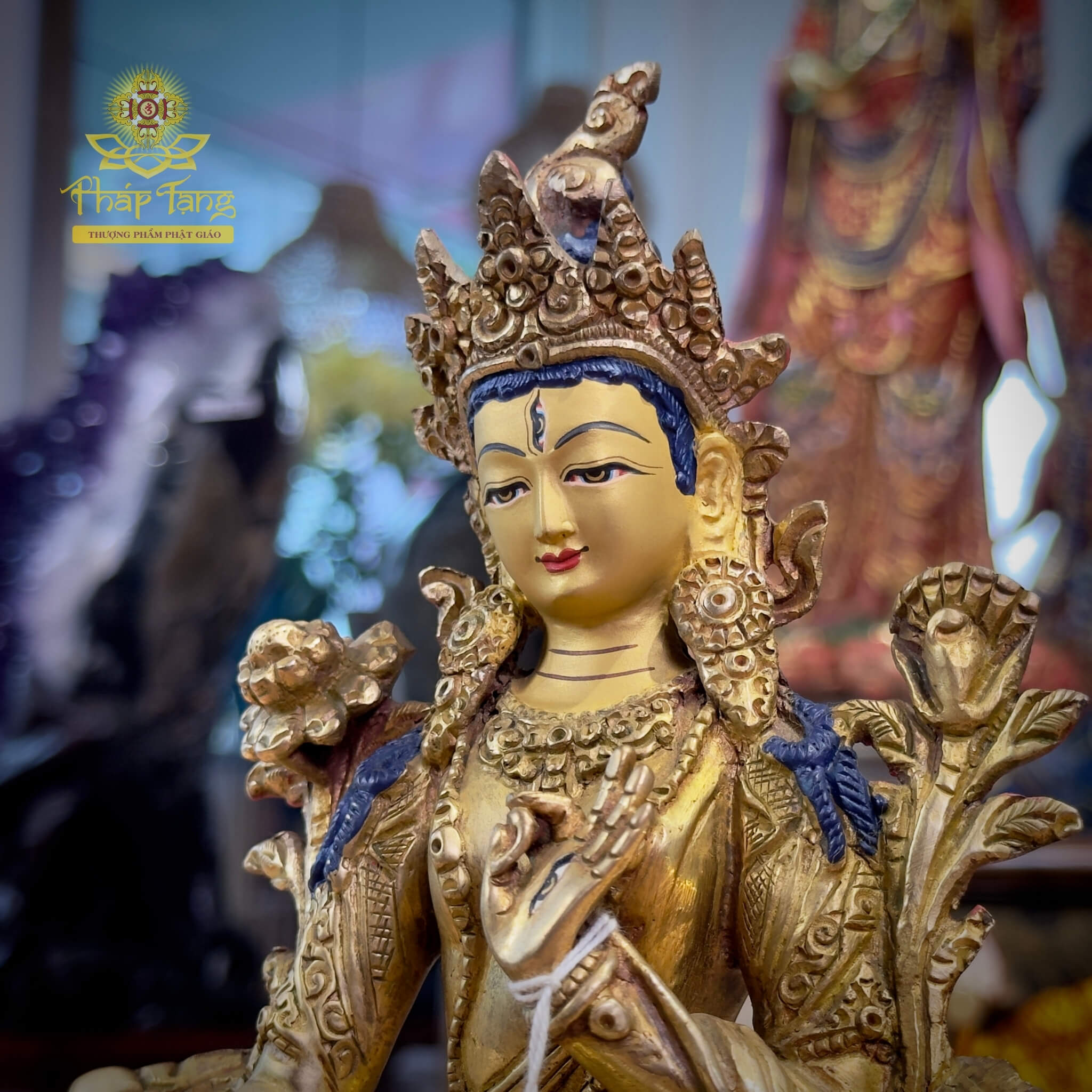 Thánh Tượng Đức Tara Trắng Đồng Vàng 24K 22cm Nepal