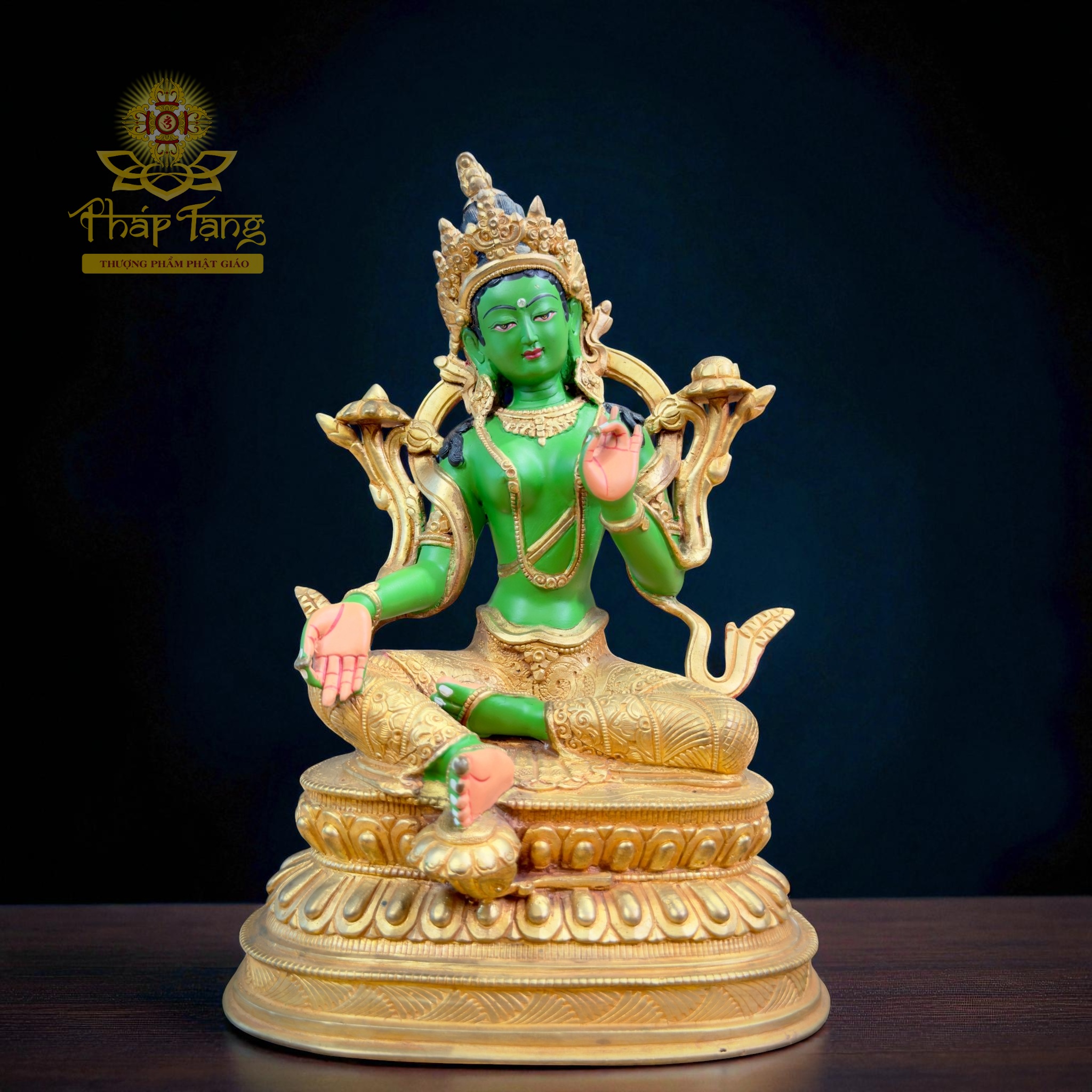 Thánh Tượng Đức Tara Xanh 24cm (Lục Độ Phật Mẫu) Đồng Mạ Vàng 24K Nepal