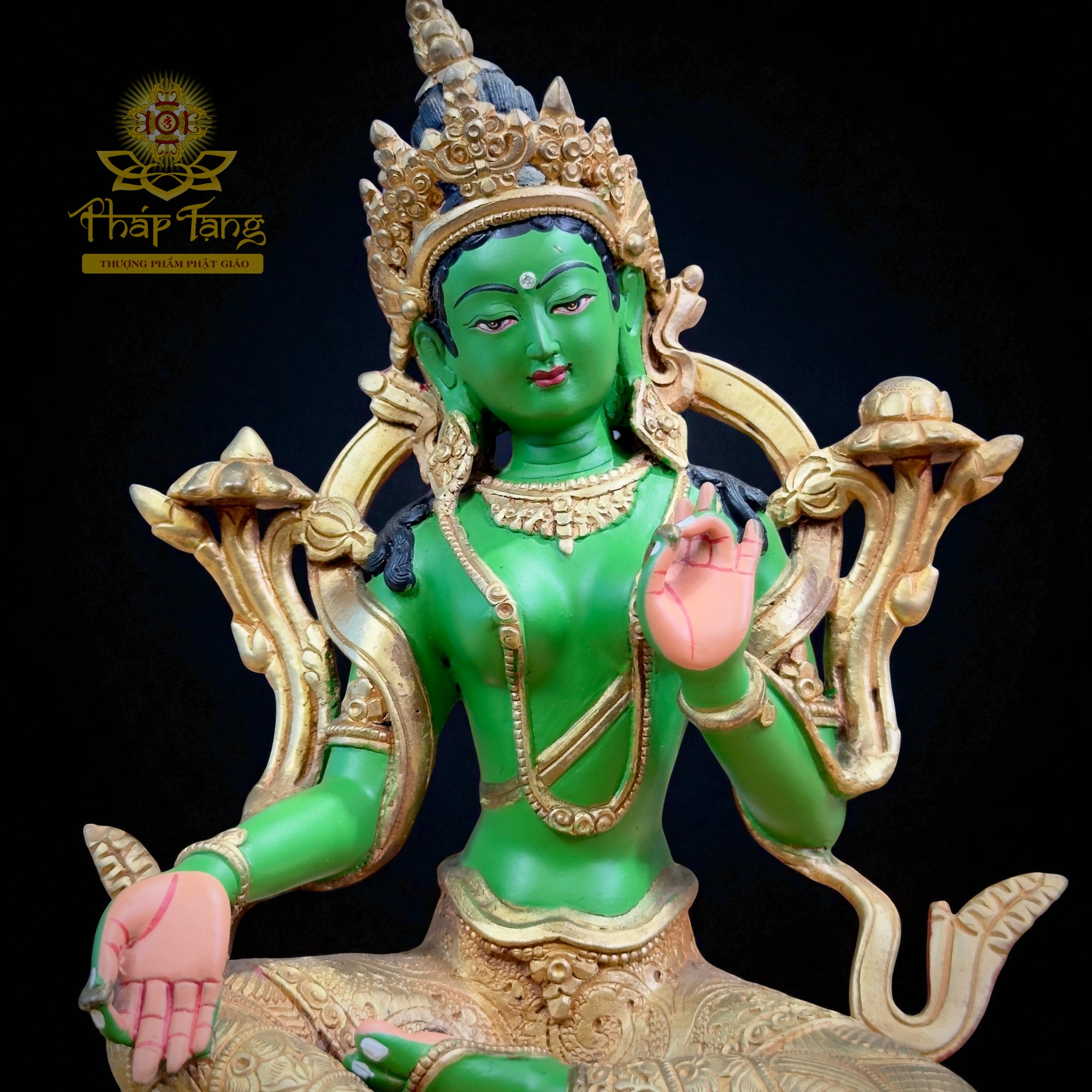 Thánh Tượng Đức Tara Xanh 24cm (Lục Độ Phật Mẫu) Đồng Mạ Vàng 24K Nepal