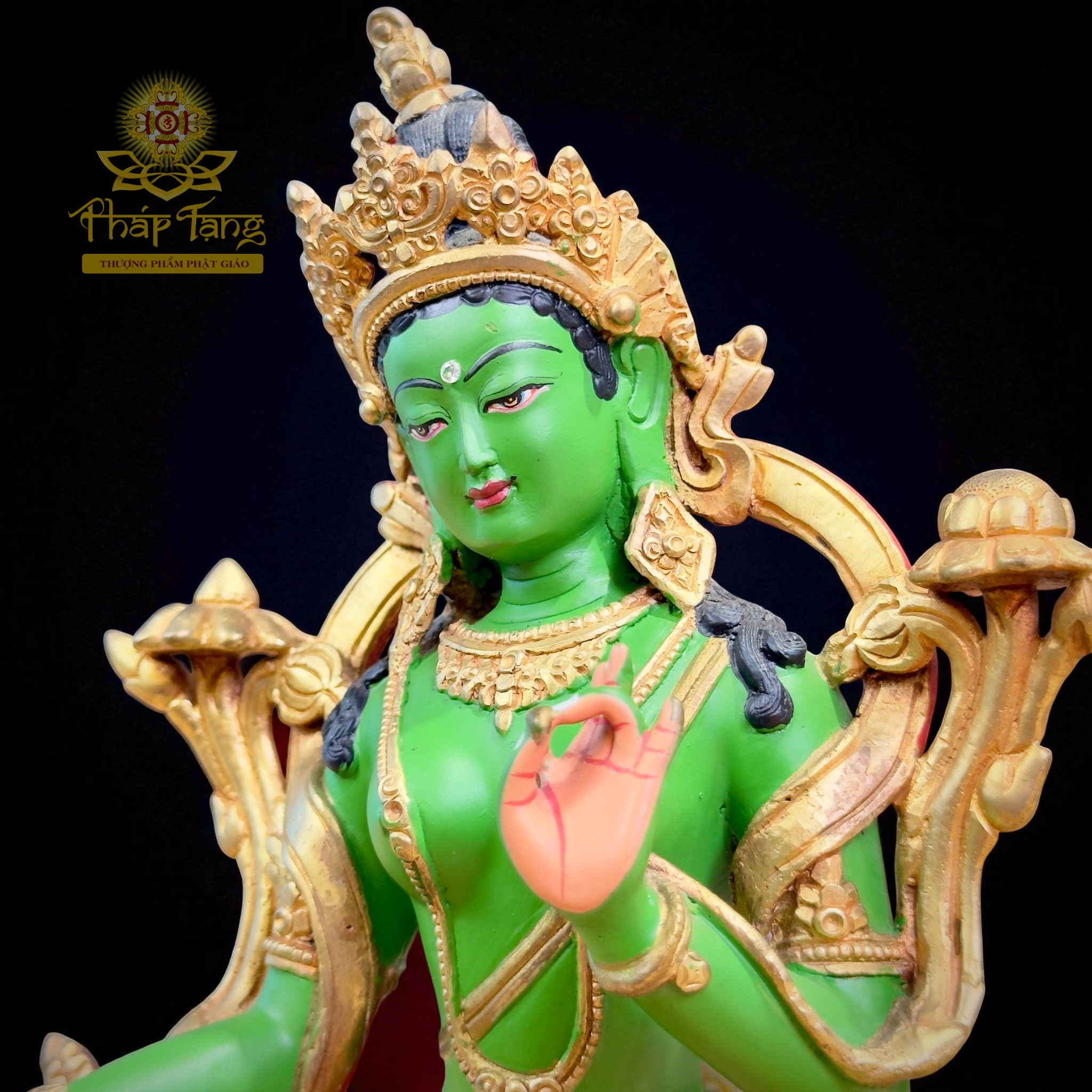 Thánh Tượng Đức Tara Xanh 24cm (Lục Độ Phật Mẫu) Đồng Mạ Vàng 24K Nepal