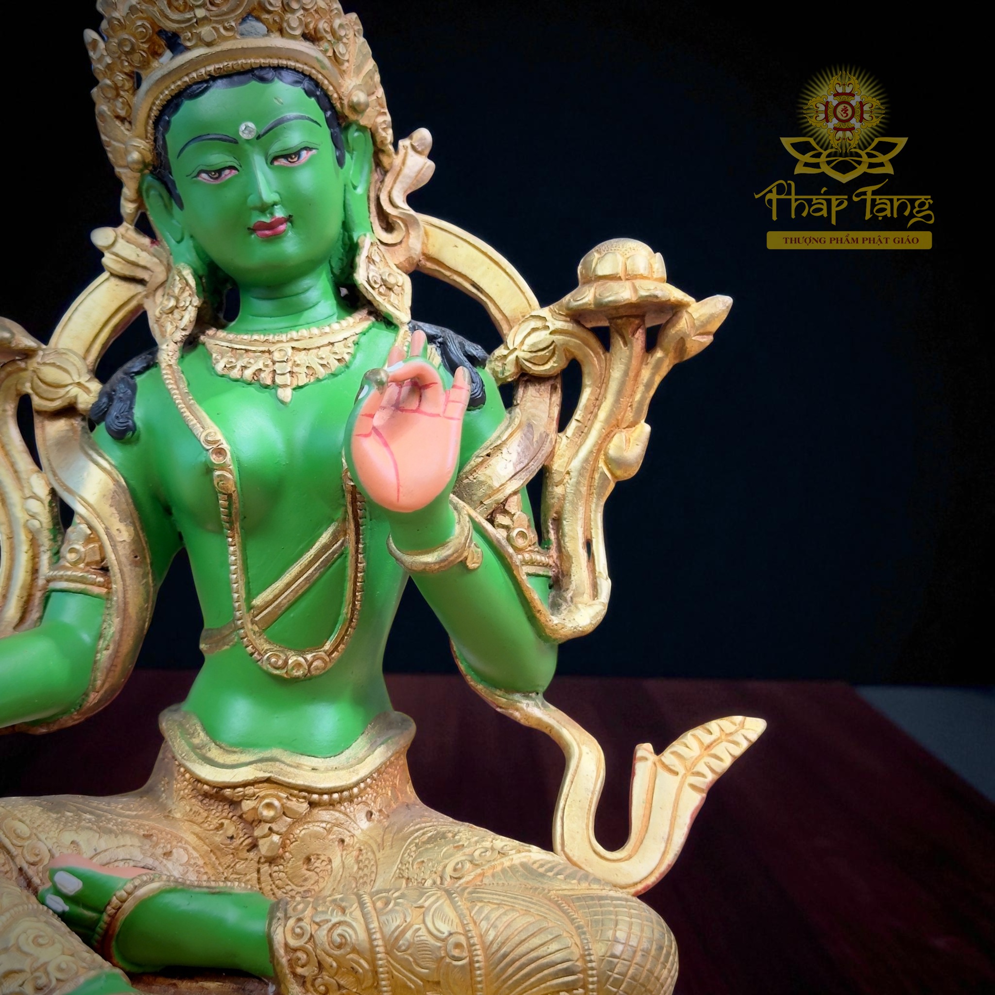 Thánh Tượng Đức Tara Xanh 24cm (Lục Độ Phật Mẫu) Đồng Mạ Vàng 24K Nepal