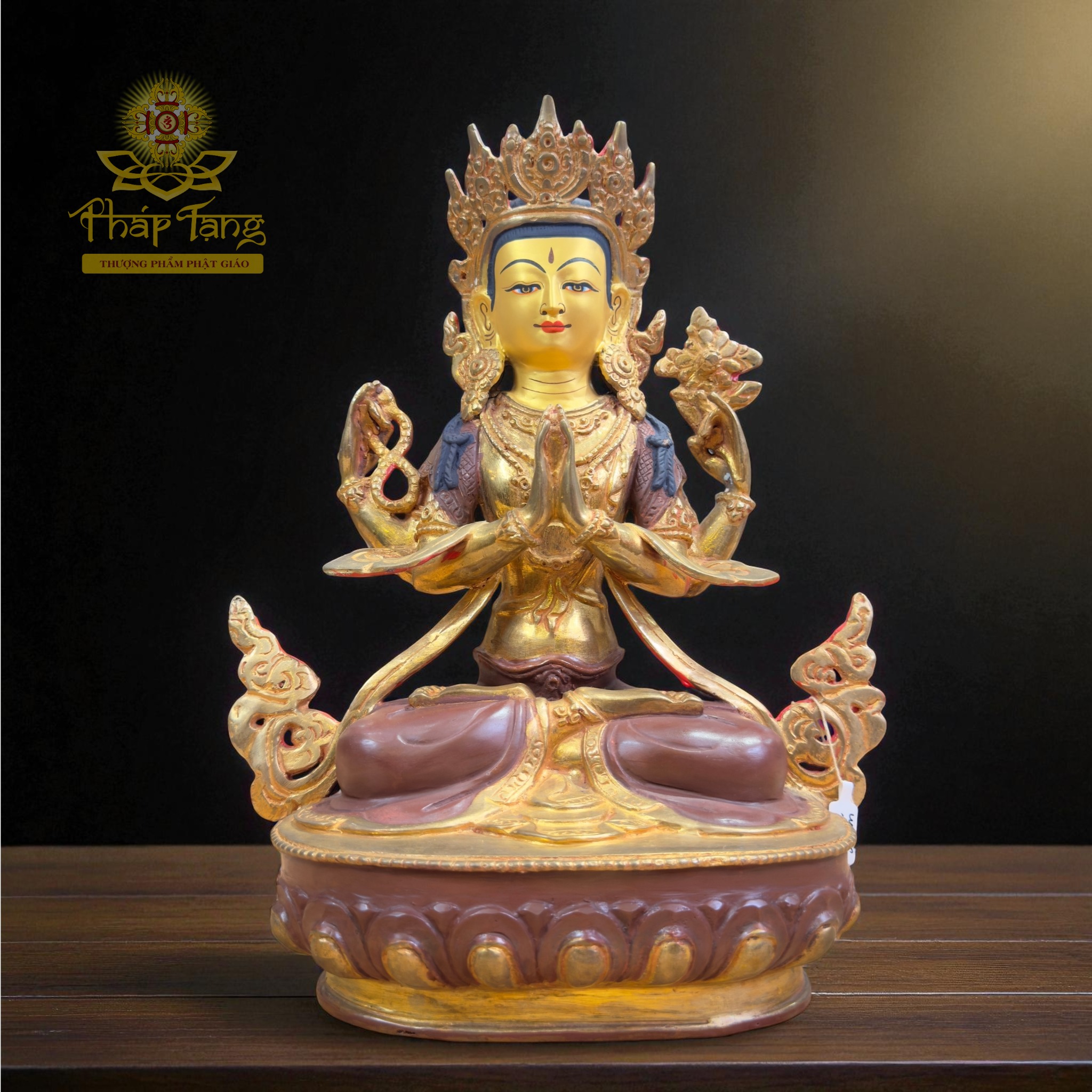 Thánh Tượng Quan Âm Tứ Thủ 32cm Đồng Mạ Vàng Nepal (Om Mani Padme Hum)
