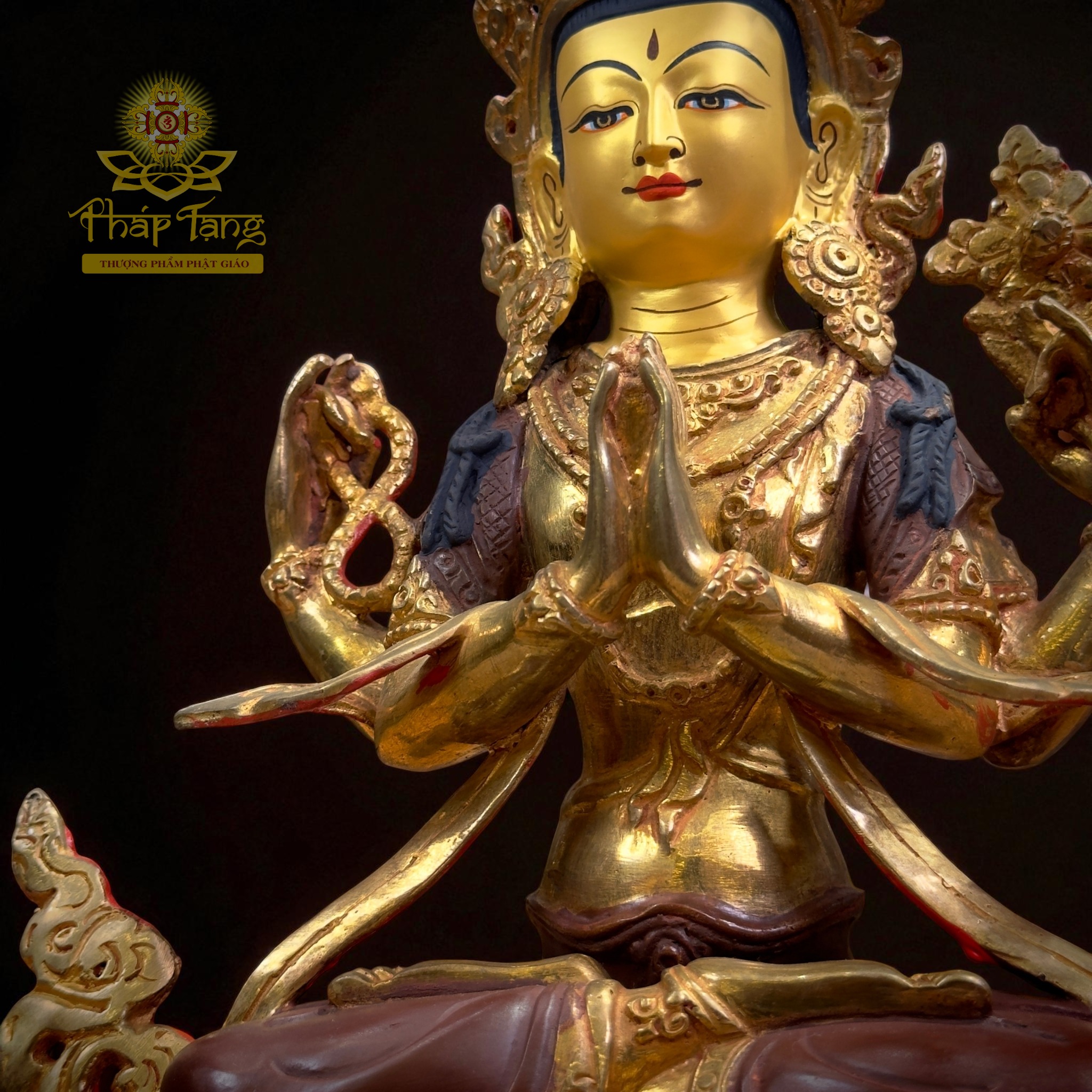 Thánh Tượng Quan Âm Tứ Thủ 32cm Đồng Mạ Vàng Nepal (Om Mani Padme Hum)