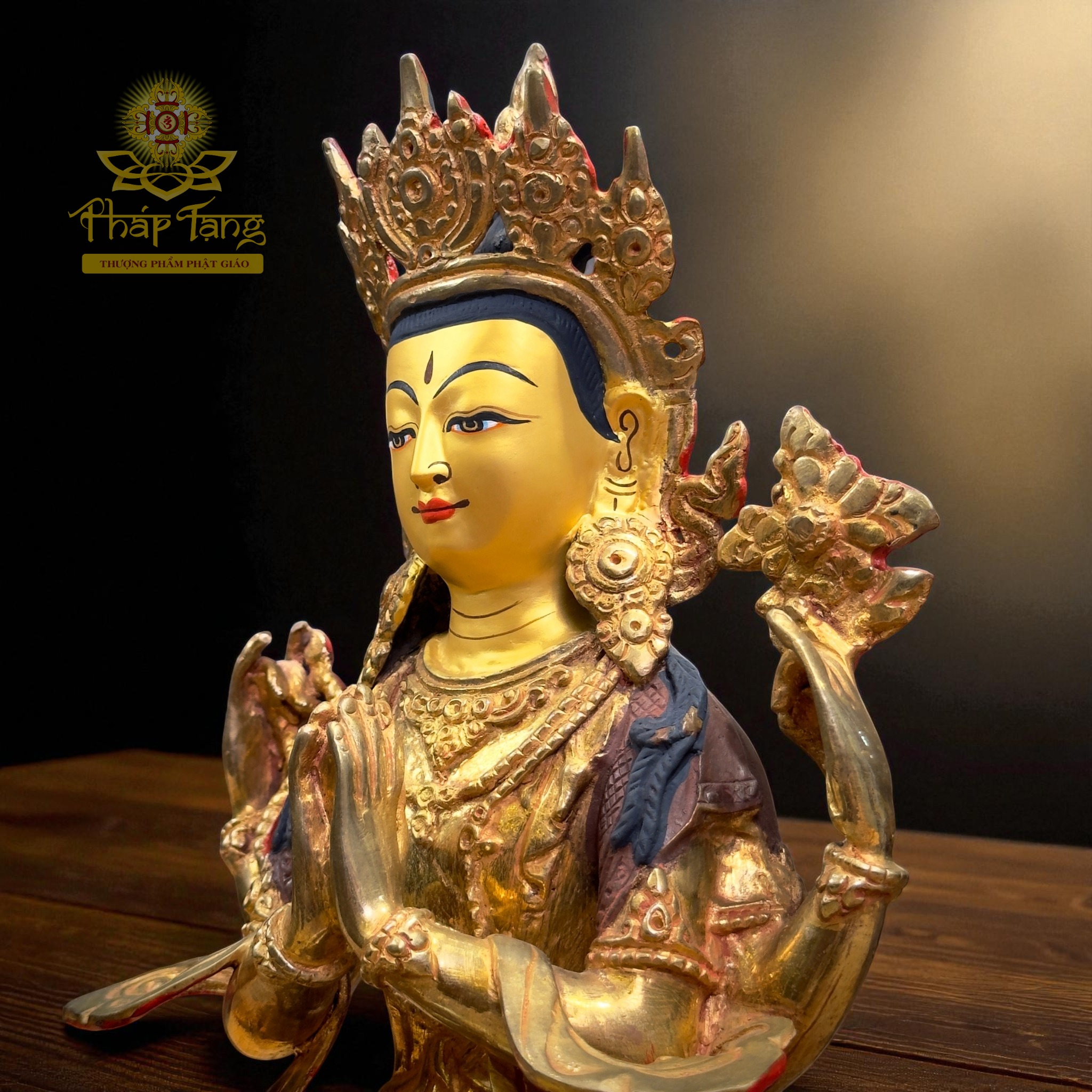 Thánh Tượng Quan Âm Tứ Thủ 32cm Đồng Mạ Vàng Nepal (Om Mani Padme Hum)
