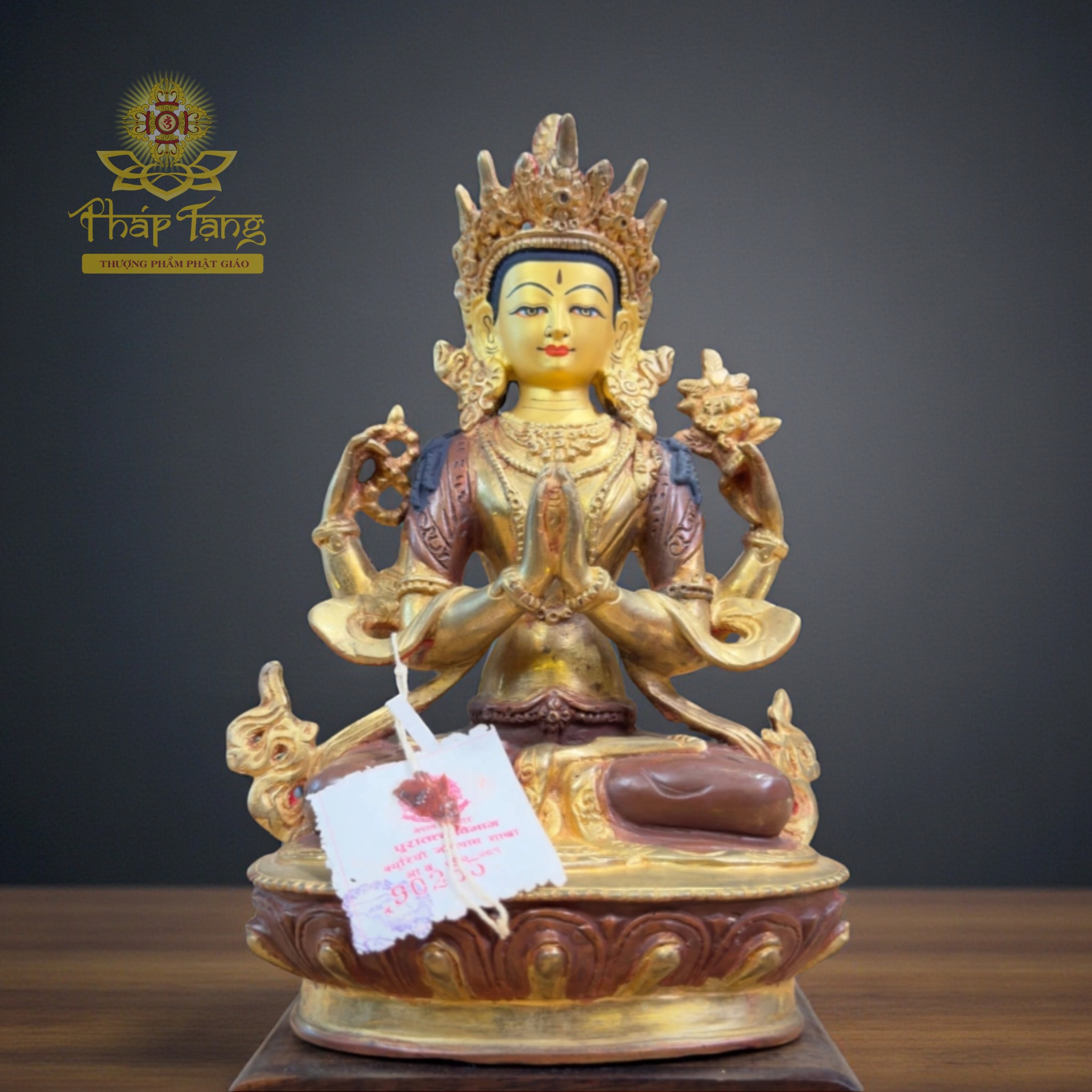 Thánh Tượng Quan Âm Tứ Thủ Đồng Mạ Vàng Nepal 23cm (Om Mani Padme Hum)