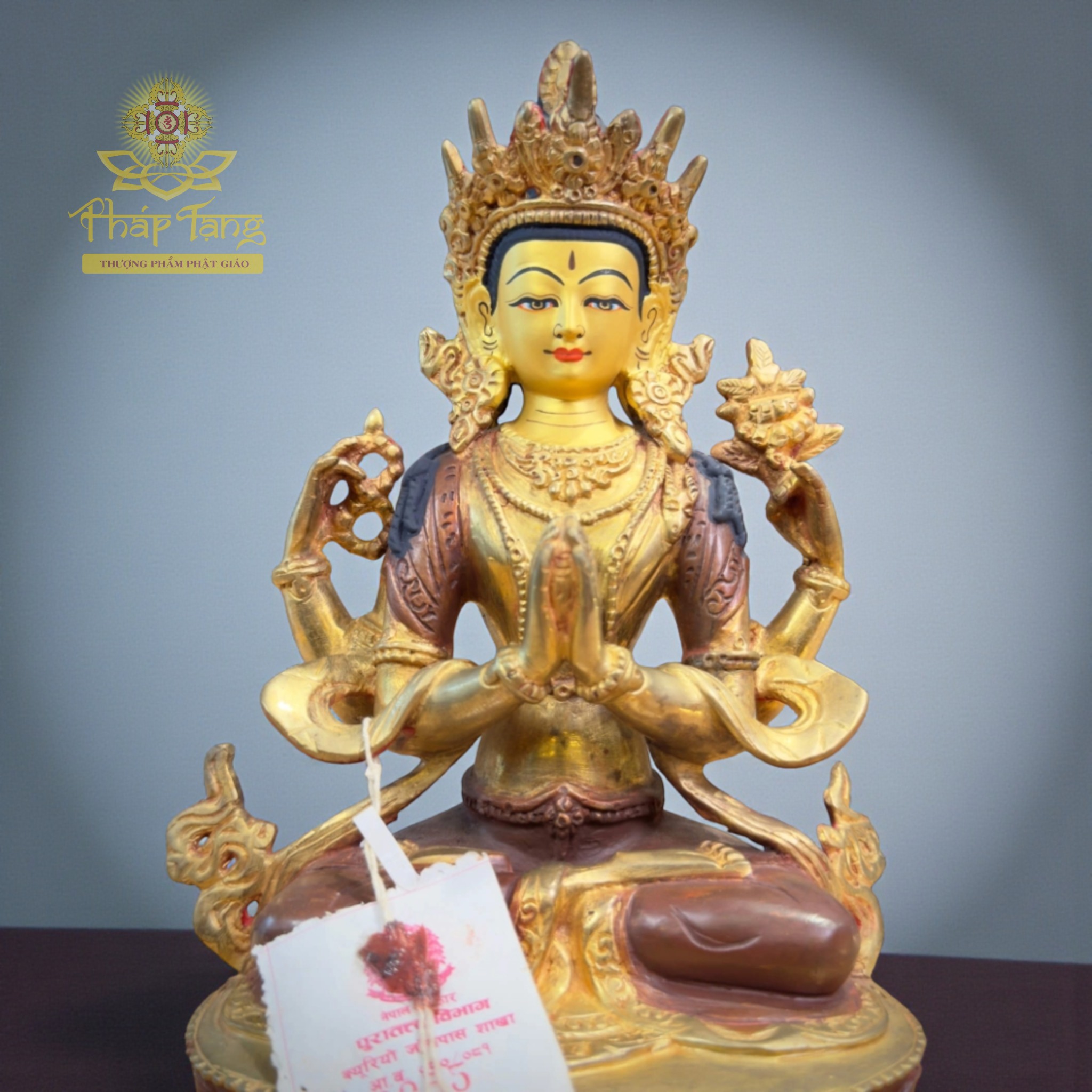 Thánh Tượng Quan Âm Tứ Thủ Đồng Mạ Vàng Nepal 23cm (Om Mani Padme Hum)