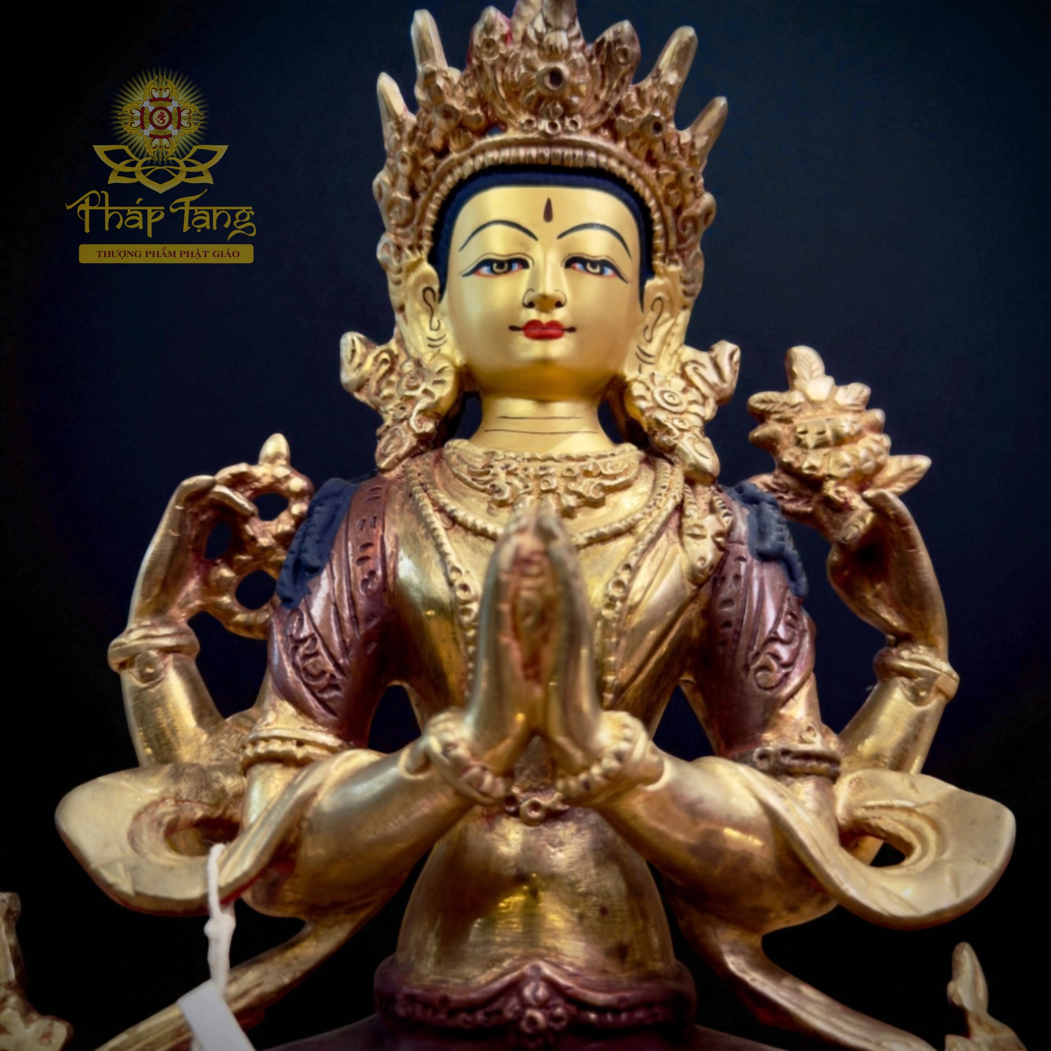 Thánh Tượng Quan Âm Tứ Thủ Đồng Mạ Vàng Nepal 23cm (Om Mani Padme Hum)