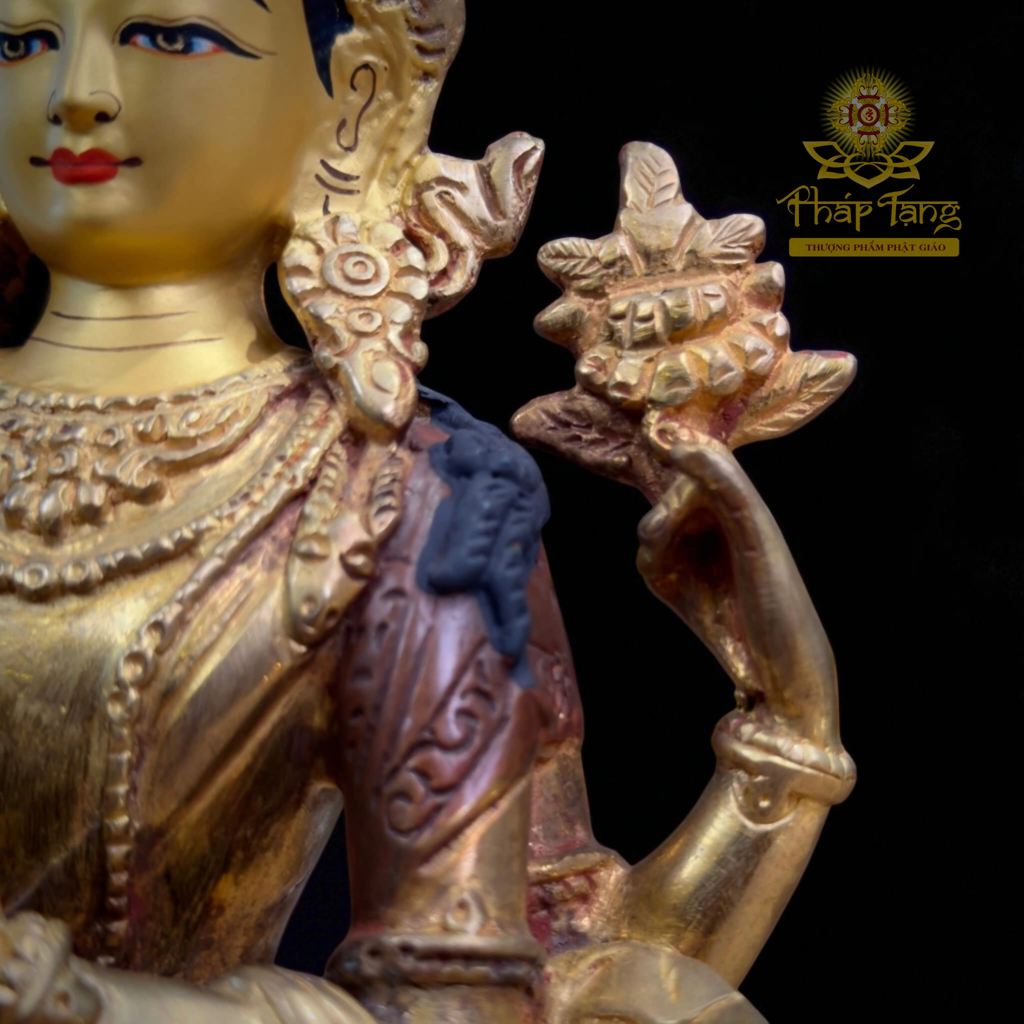 Thánh Tượng Quan Âm Tứ Thủ Đồng Mạ Vàng Nepal 23cm (Om Mani Padme Hum)