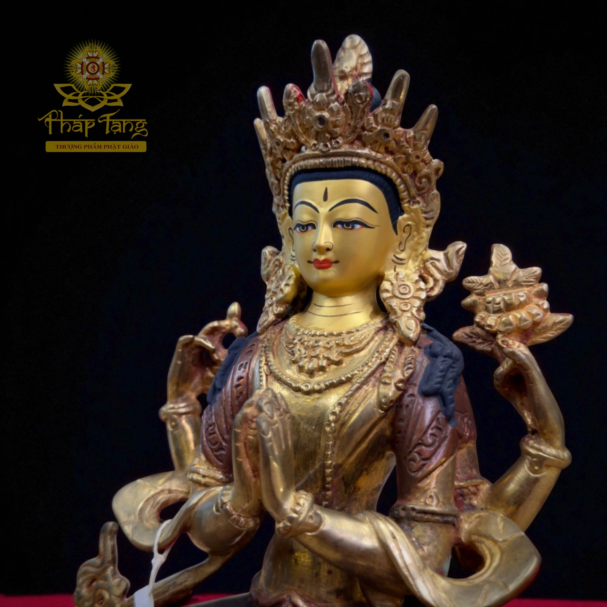 Thánh Tượng Quan Âm Tứ Thủ Đồng Mạ Vàng Nepal 23cm (Om Mani Padme Hum)