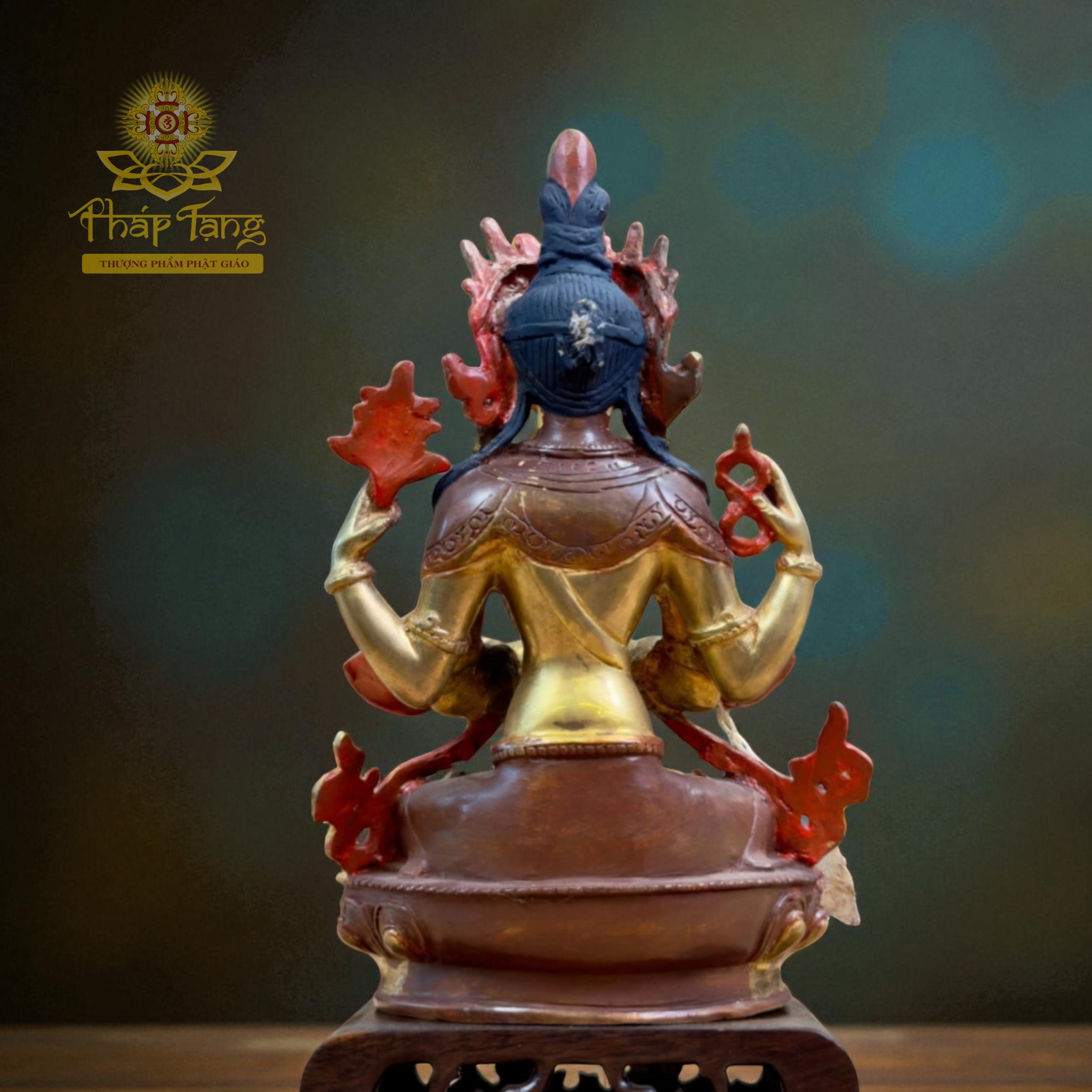 Thánh Tượng Quan Âm Tứ Thủ Đồng Mạ Vàng Nepal 23cm (Om Mani Padme Hum)