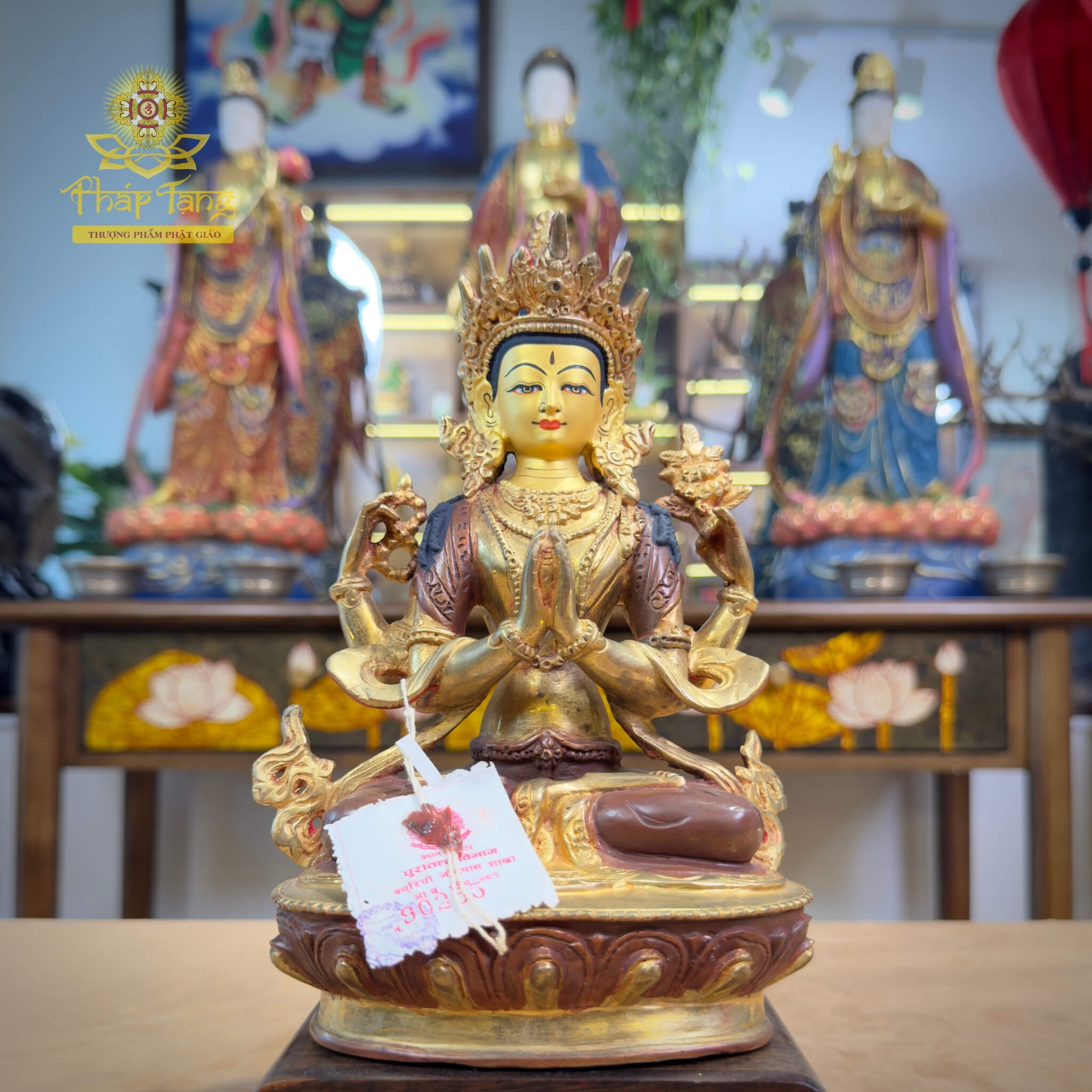 Thánh Tượng Quan Âm Tứ Thủ Đồng Mạ Vàng Nepal 23cm