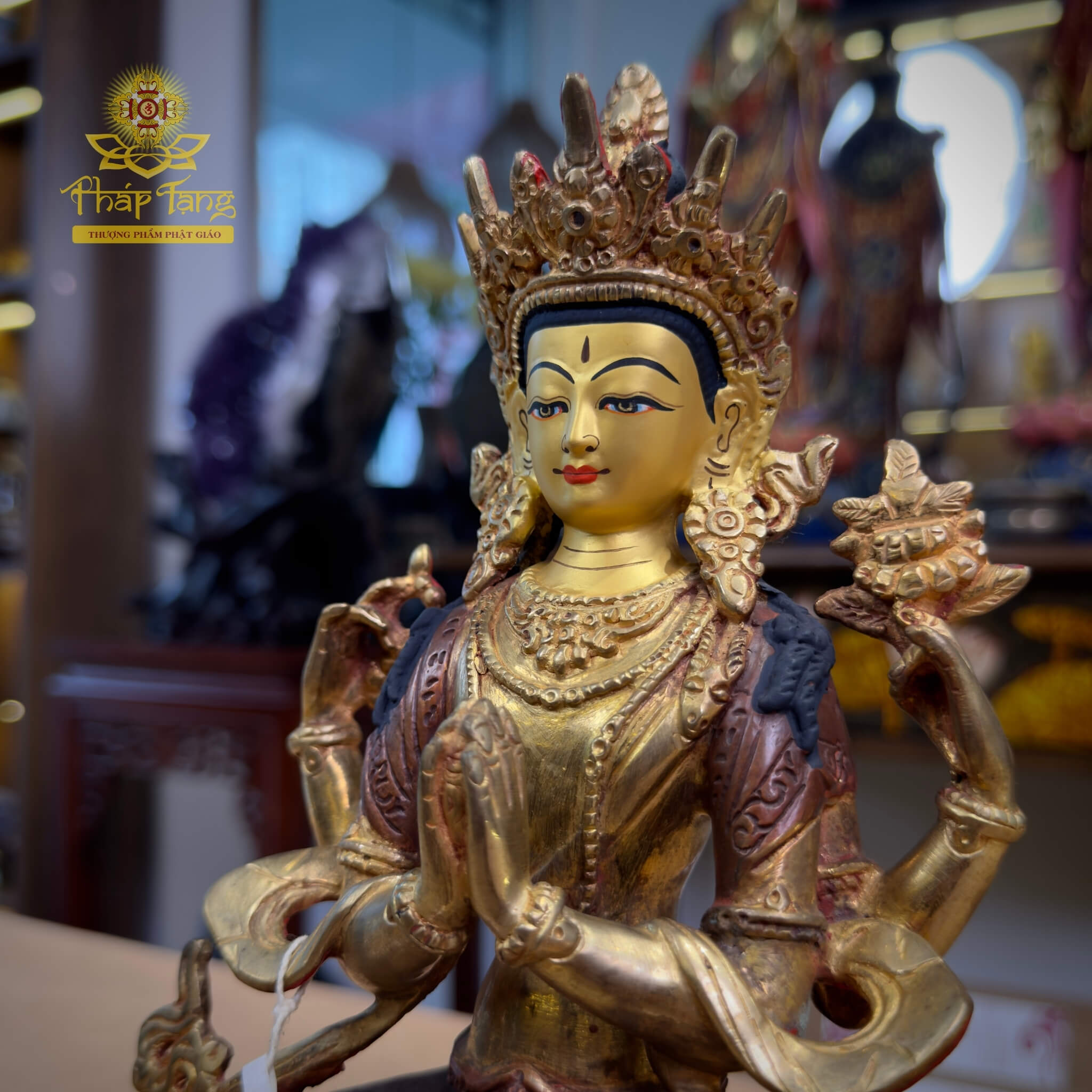 Thánh Tượng Quan Âm Tứ Thủ Đồng Mạ Vàng Nepal 23cm