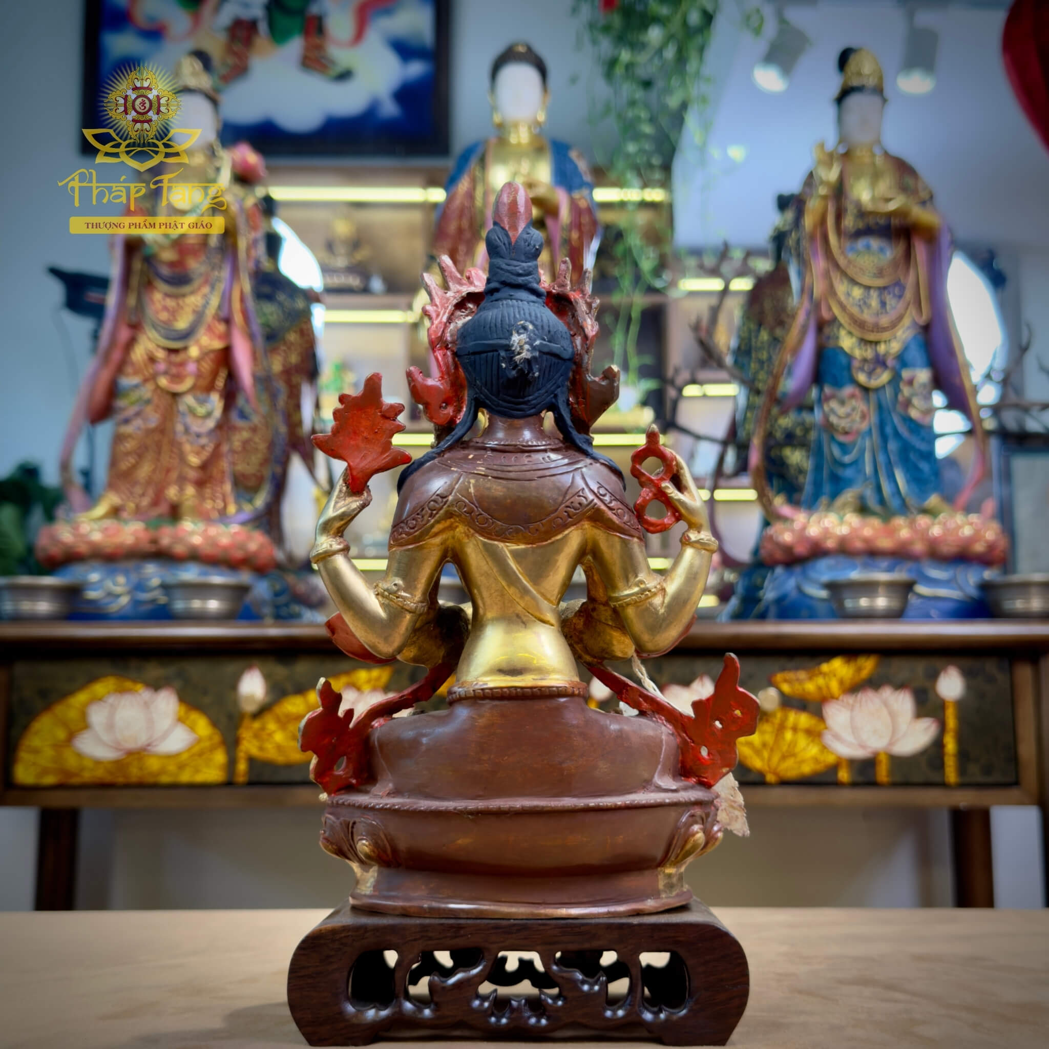 Thánh Tượng Quan Âm Tứ Thủ Đồng Mạ Vàng Nepal 23cm