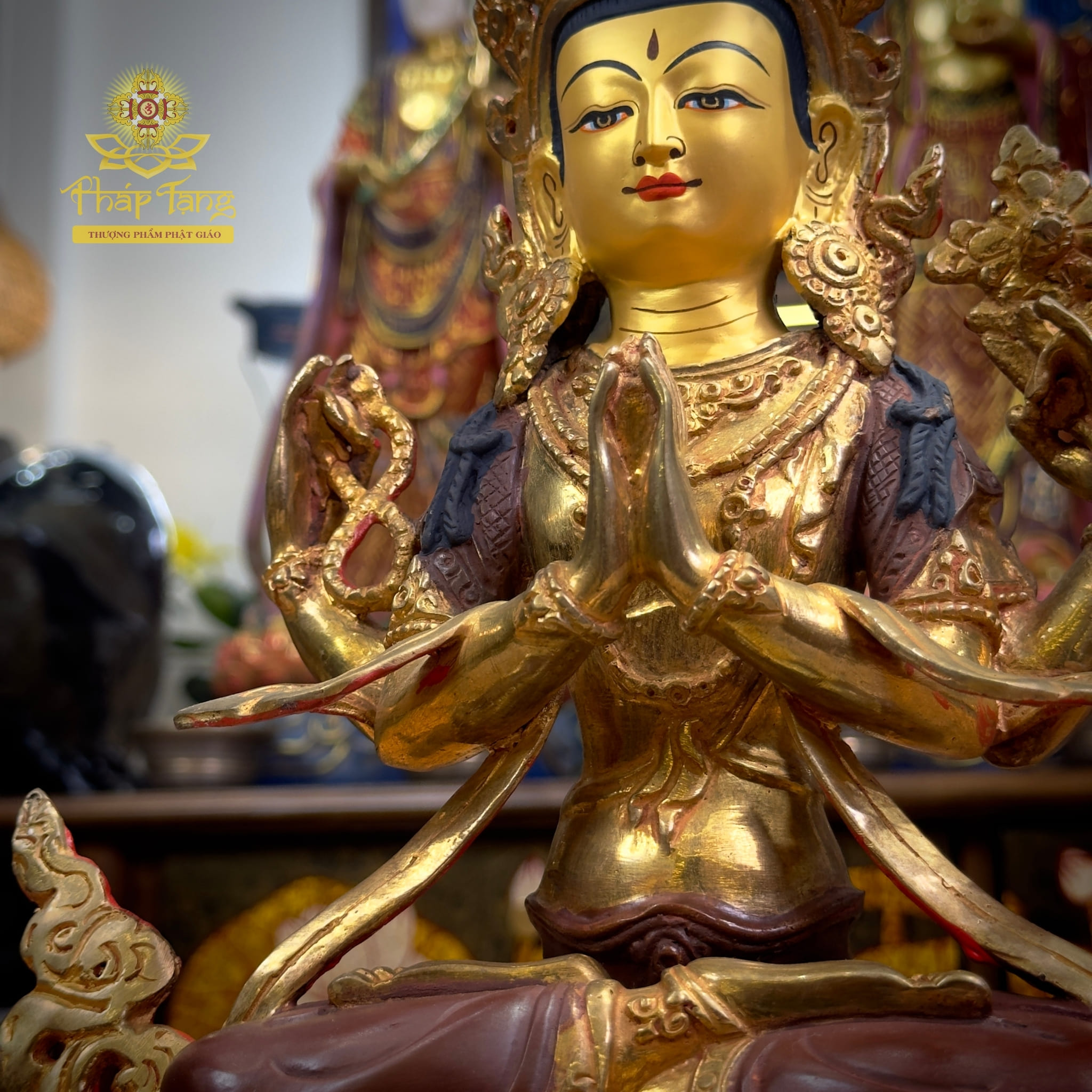 Thánh Tượng Quan Âm Tứ Thủ Đồng Mạ Vàng Nepal 32cm