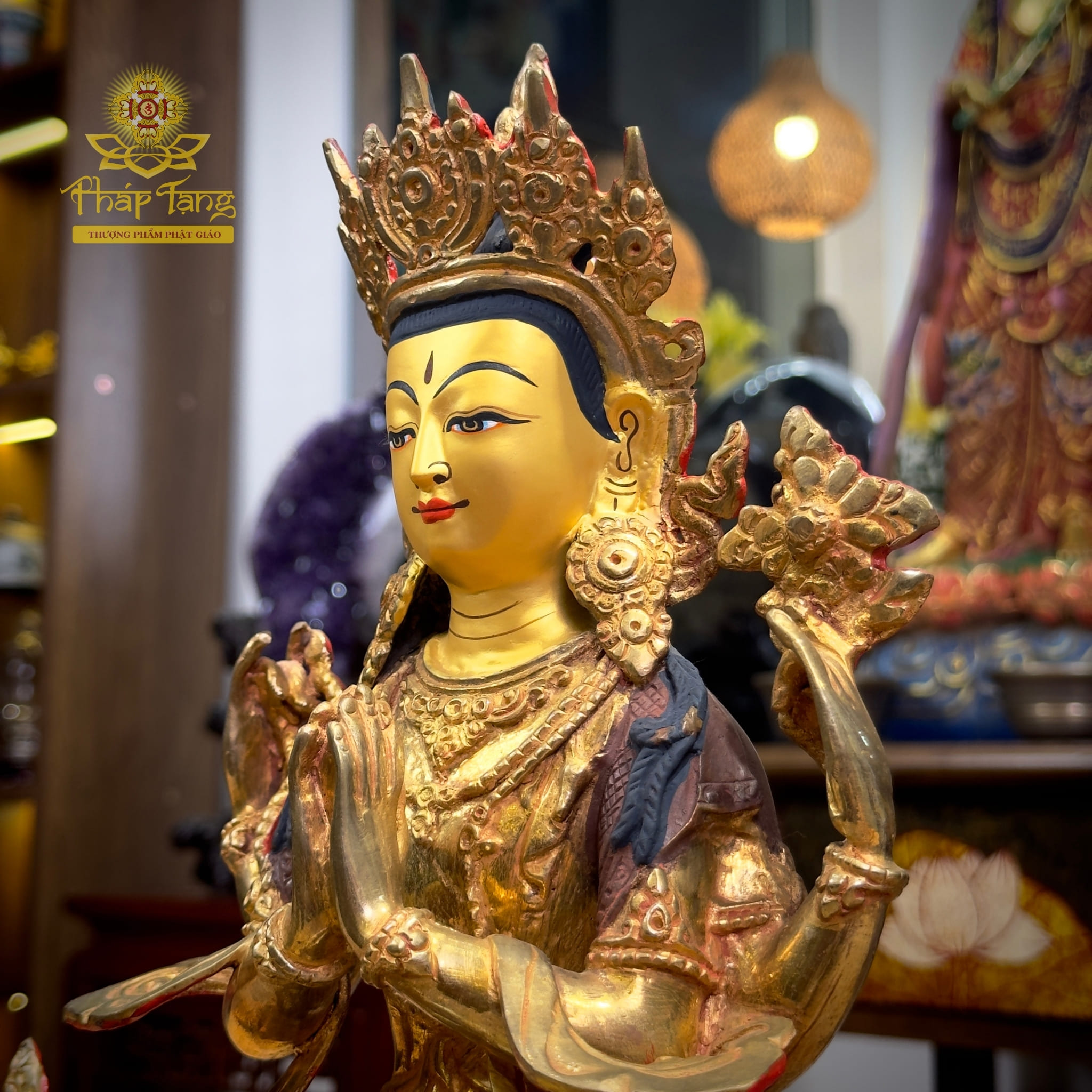 Thánh Tượng Quan Âm Tứ Thủ Đồng Mạ Vàng Nepal 32cm