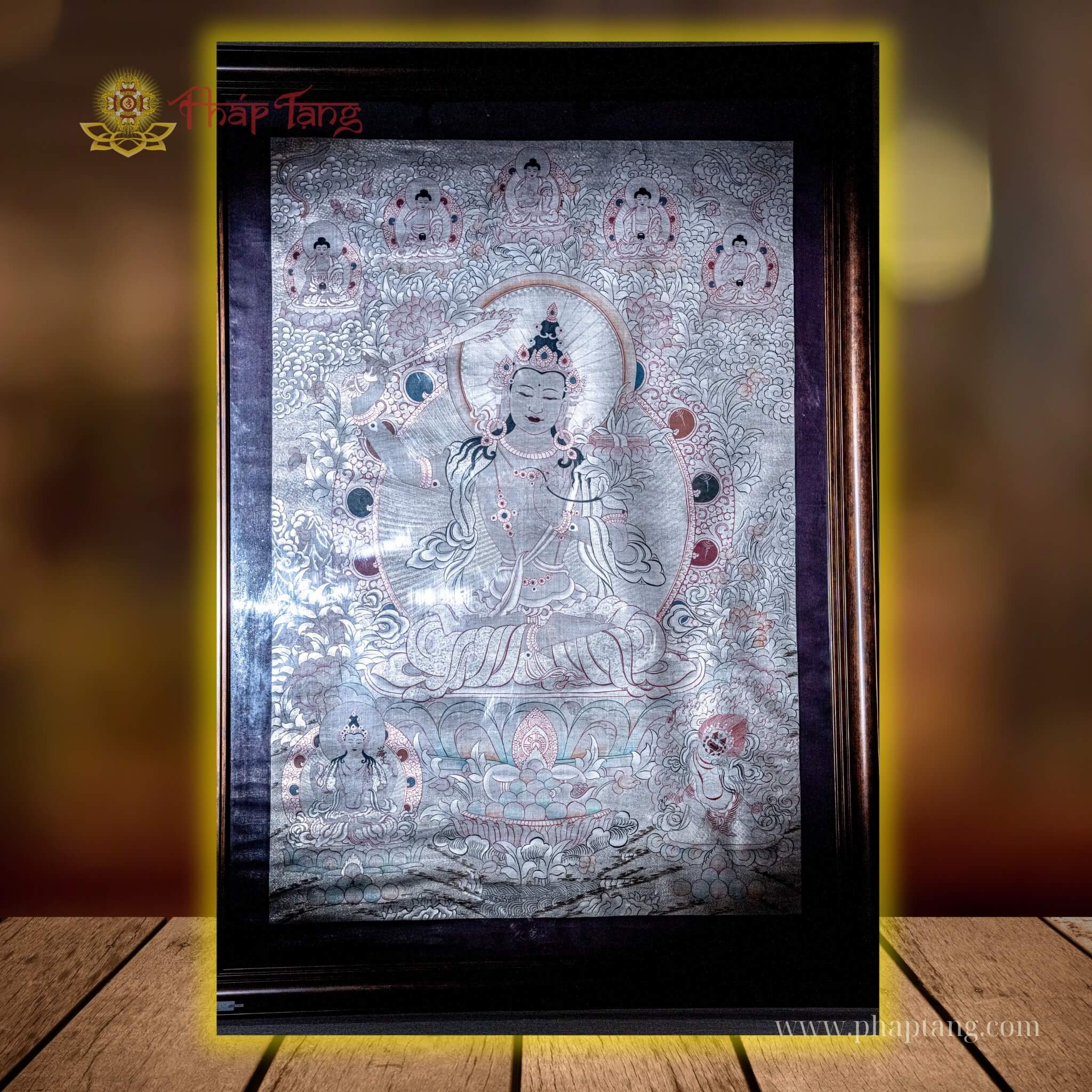 THANGKA BỒ TÁT VĂN THÙ VẼ TAY XƯA TRÊN 50 NĂM TU VIỆN GOMPA, DÁT BẠC KT 95X125CM