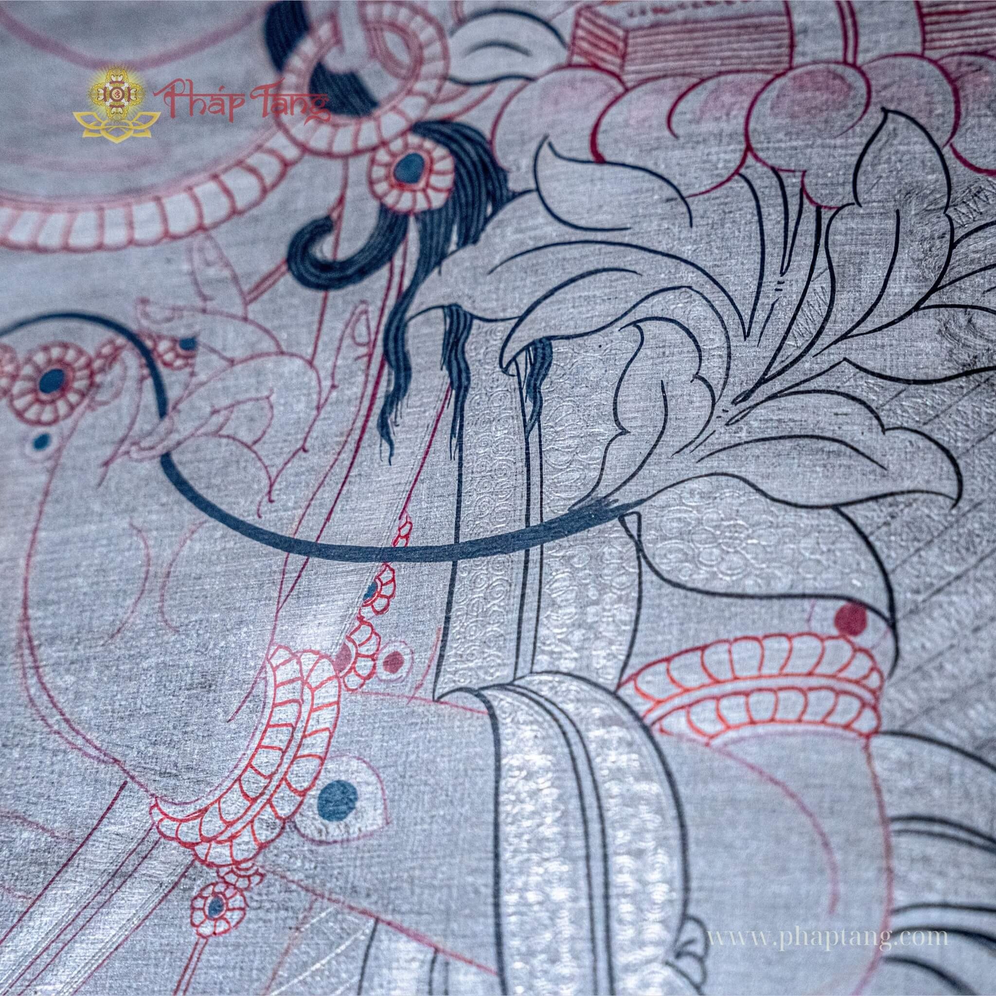 THANGKA BỒ TÁT VĂN THÙ VẼ TAY XƯA TRÊN 50 NĂM TU VIỆN GOMPA, DÁT BẠC KT 95X125CM