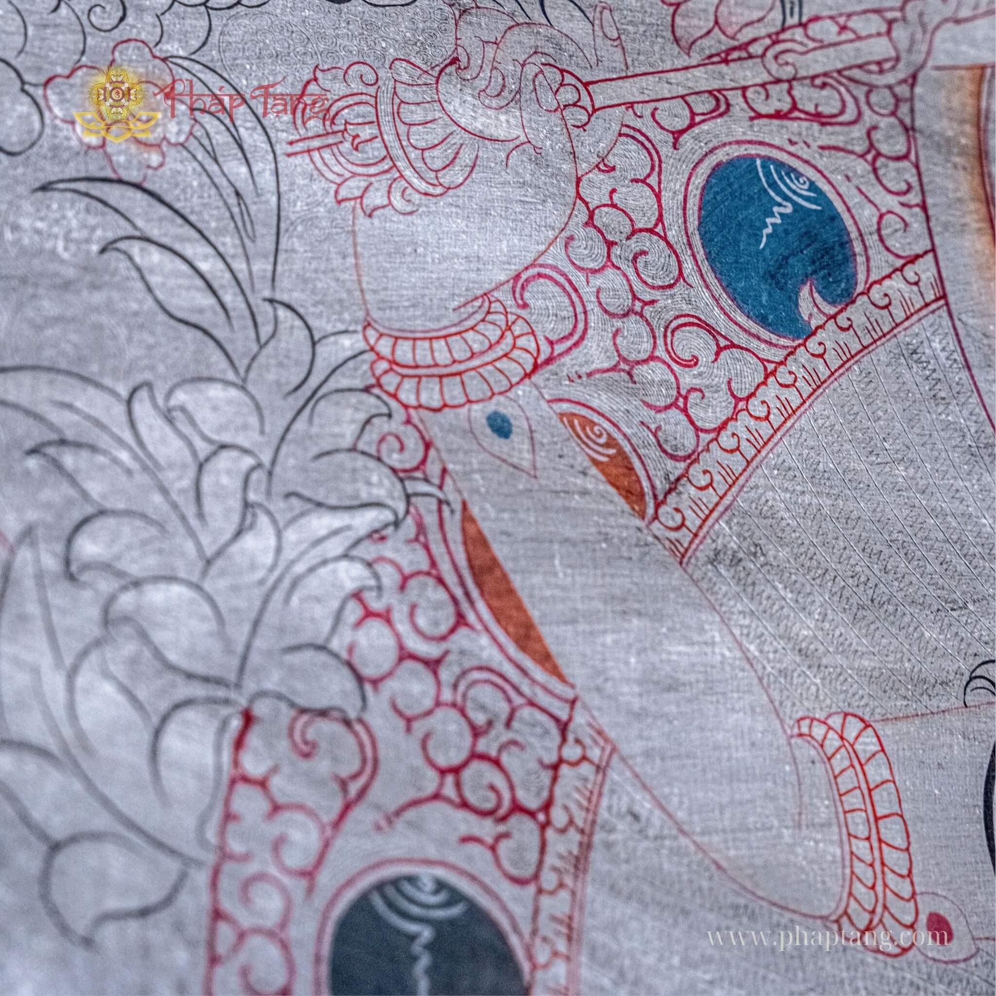 THANGKA BỒ TÁT VĂN THÙ VẼ TAY XƯA TRÊN 50 NĂM TU VIỆN GOMPA, DÁT BẠC KT 95X125CM