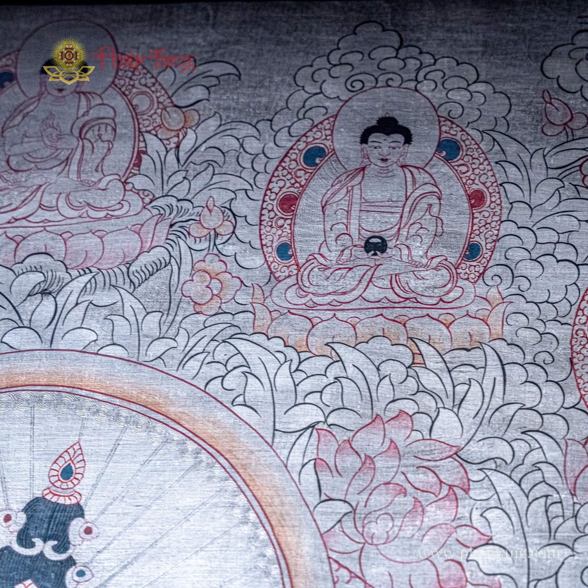THANGKA BỒ TÁT VĂN THÙ VẼ TAY XƯA TRÊN 50 NĂM TU VIỆN GOMPA, DÁT BẠC KT 95X125CM