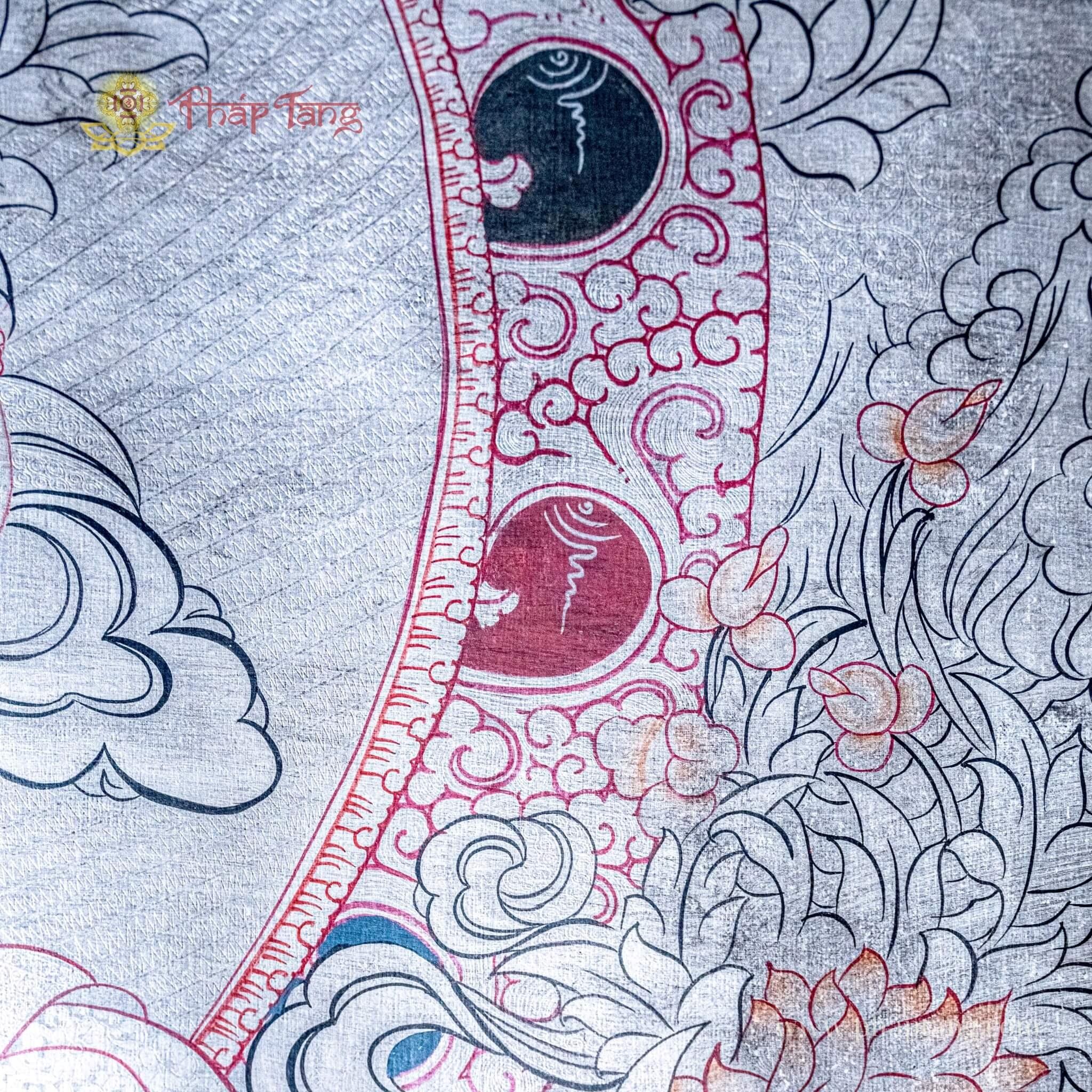 THANGKA BỒ TÁT VĂN THÙ VẼ TAY XƯA TRÊN 50 NĂM TU VIỆN GOMPA, DÁT BẠC KT 95X125CM