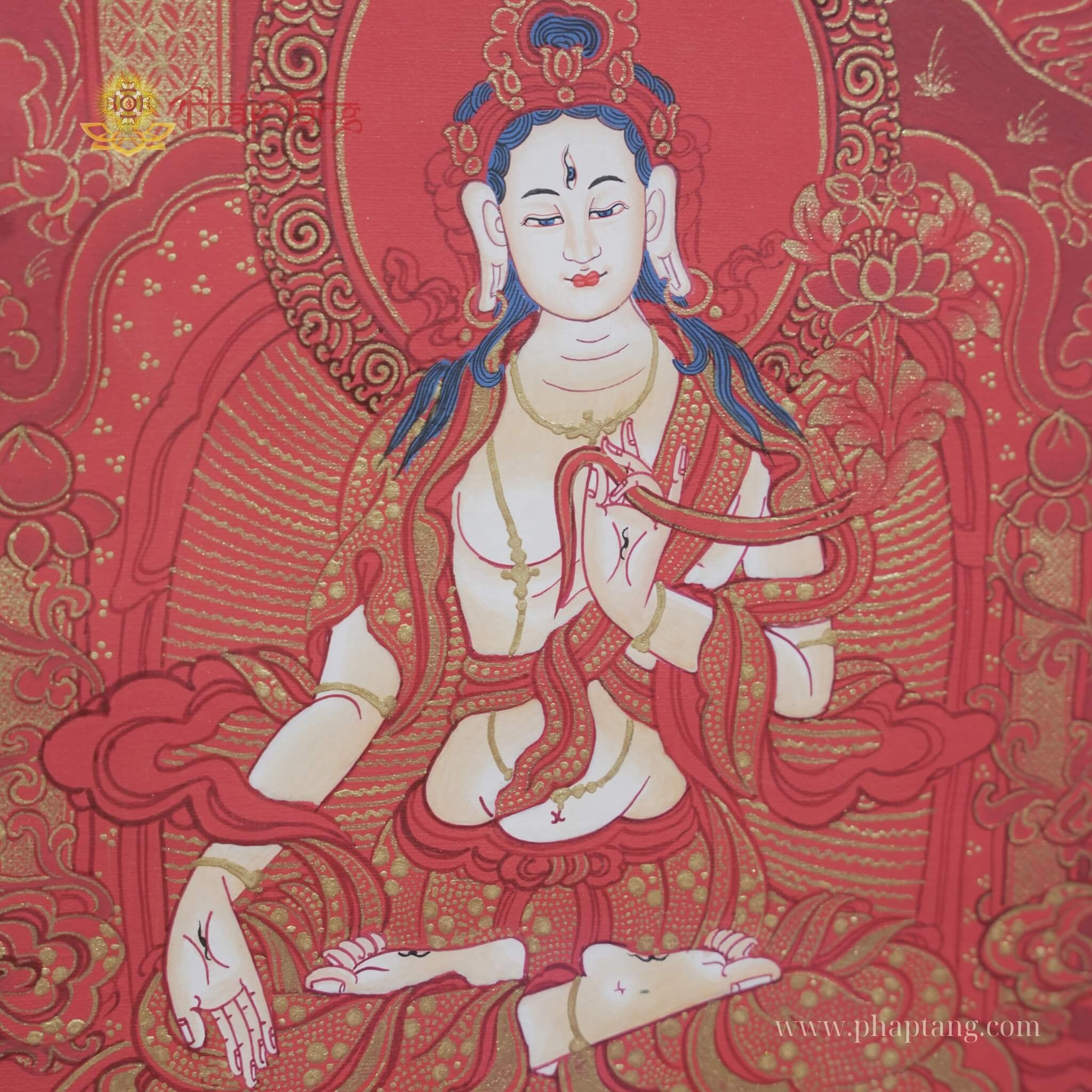 THANGKA NỀN ĐỎ ĐẶC BIỆT BỒ TÁT DI LẶC KT 65X90cm