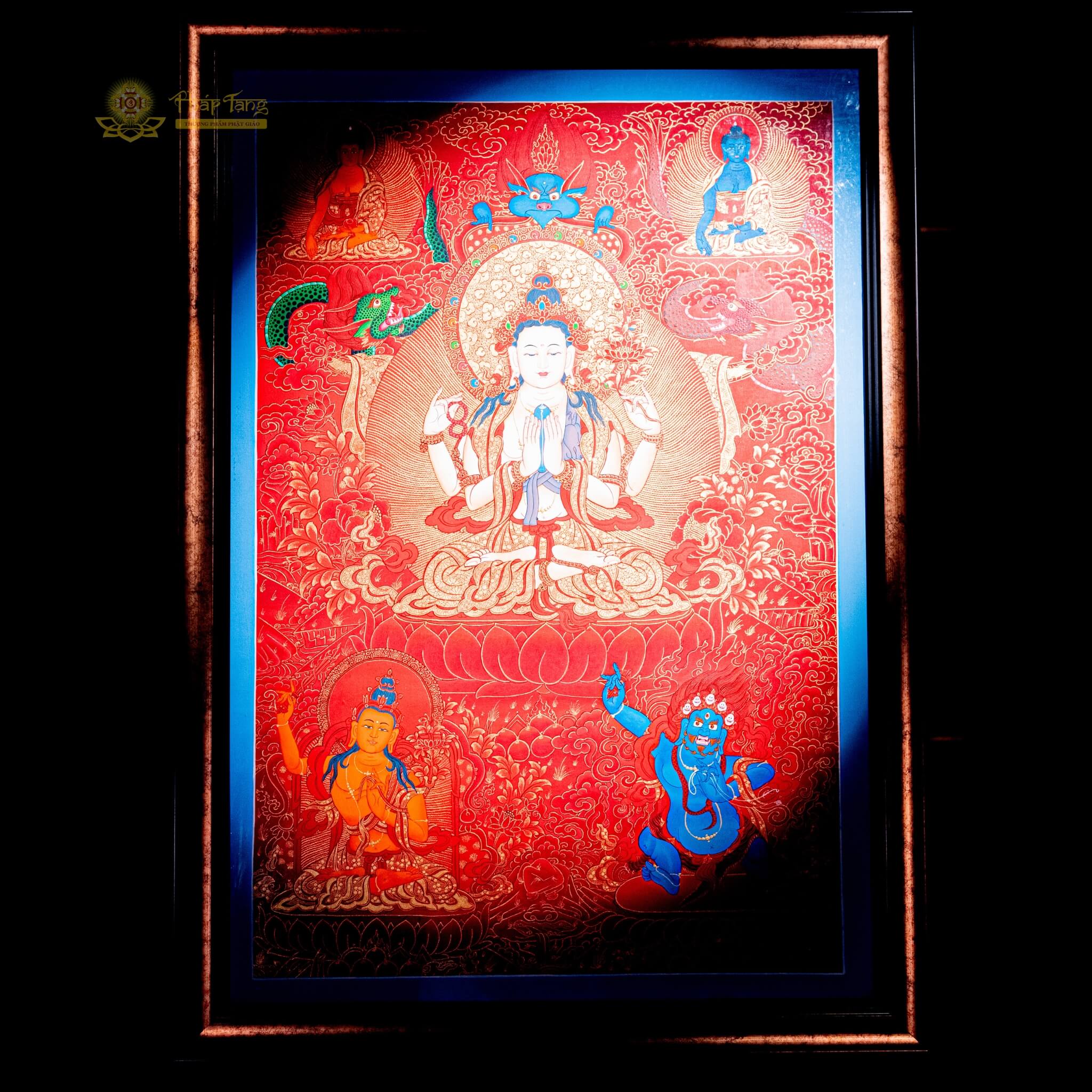 THANGKA NỀN ĐỎ ĐỨC QUAN ÂM TỨ THỦ KT91X66cm