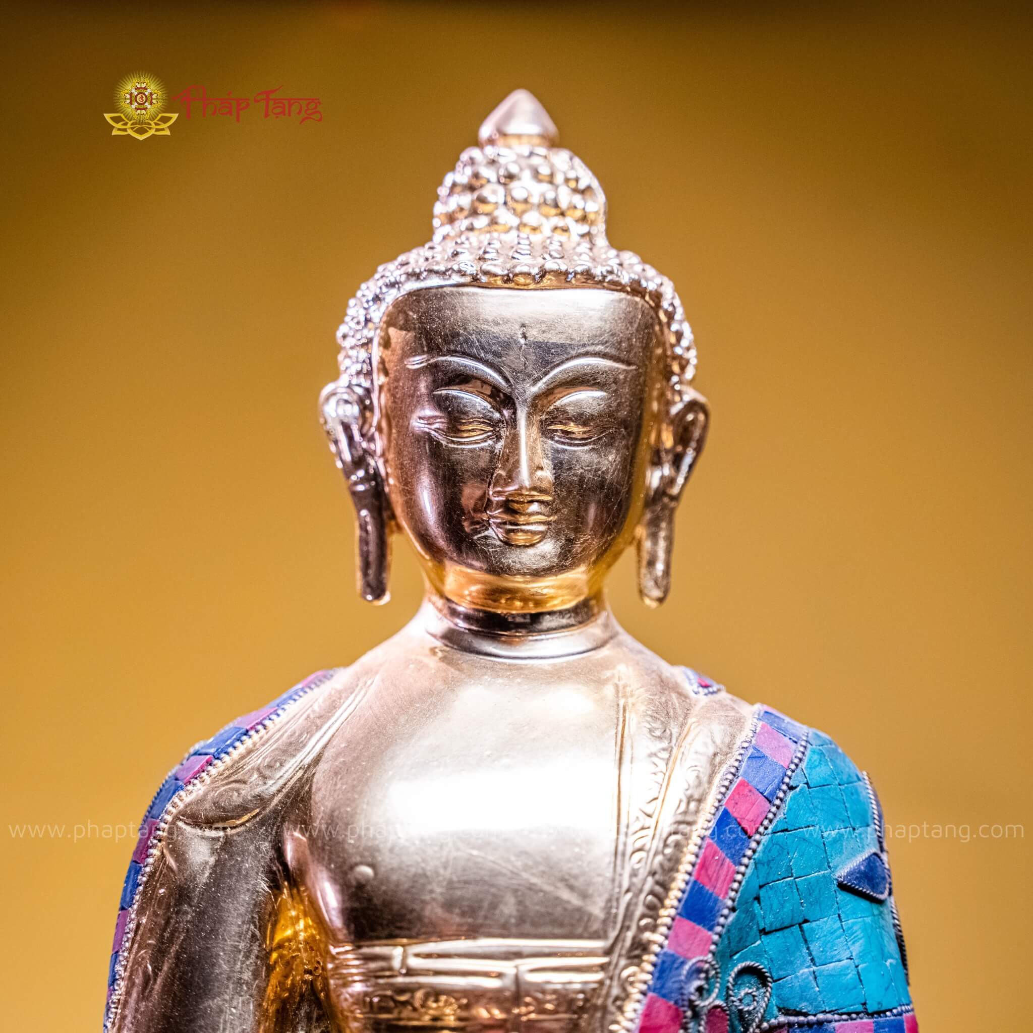 TƯỢNG PHẬT BỔN SƯ ĐỒNG GẮN ĐÁ XANH DÁT VÀNG 9999 40CM