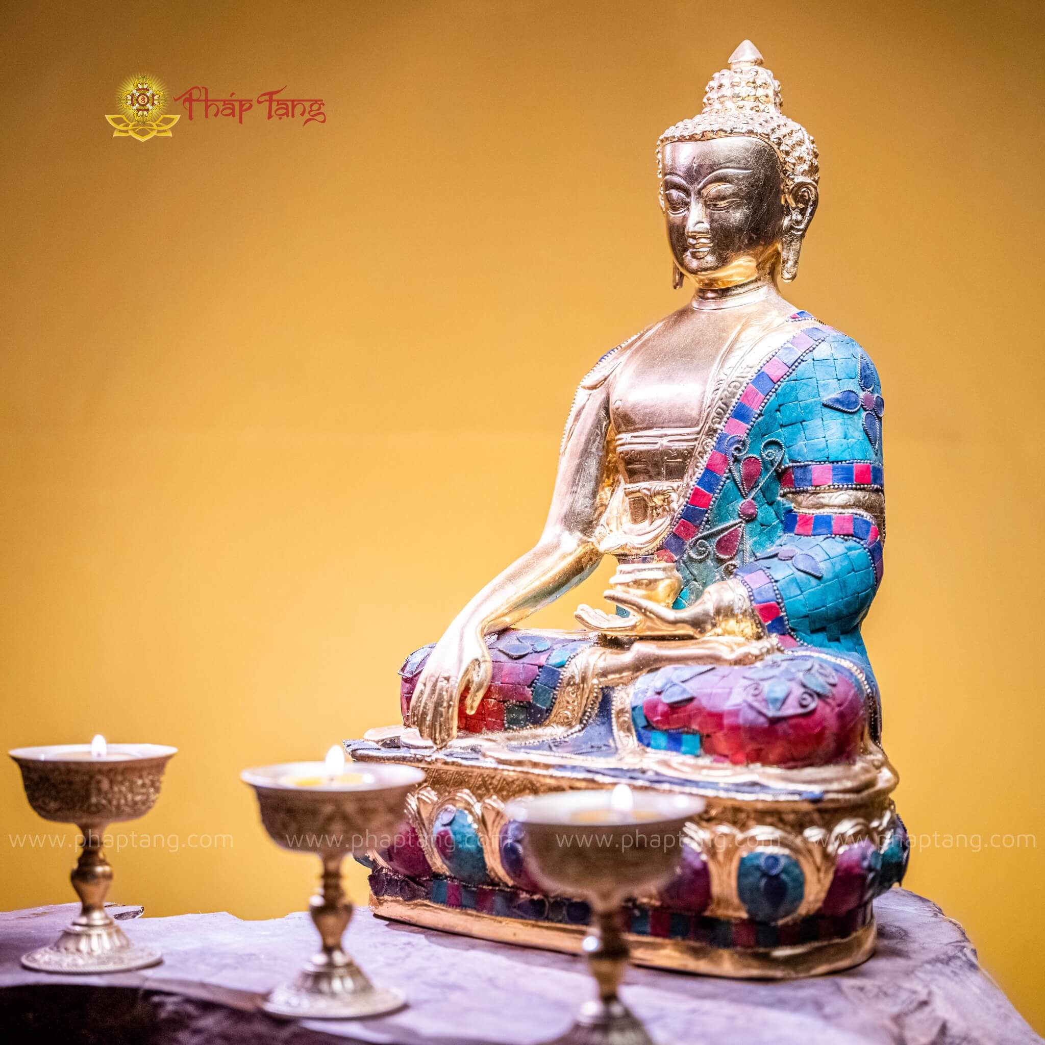 TƯỢNG PHẬT BỔN SƯ ĐỒNG GẮN ĐÁ XANH DÁT VÀNG 9999 40CM