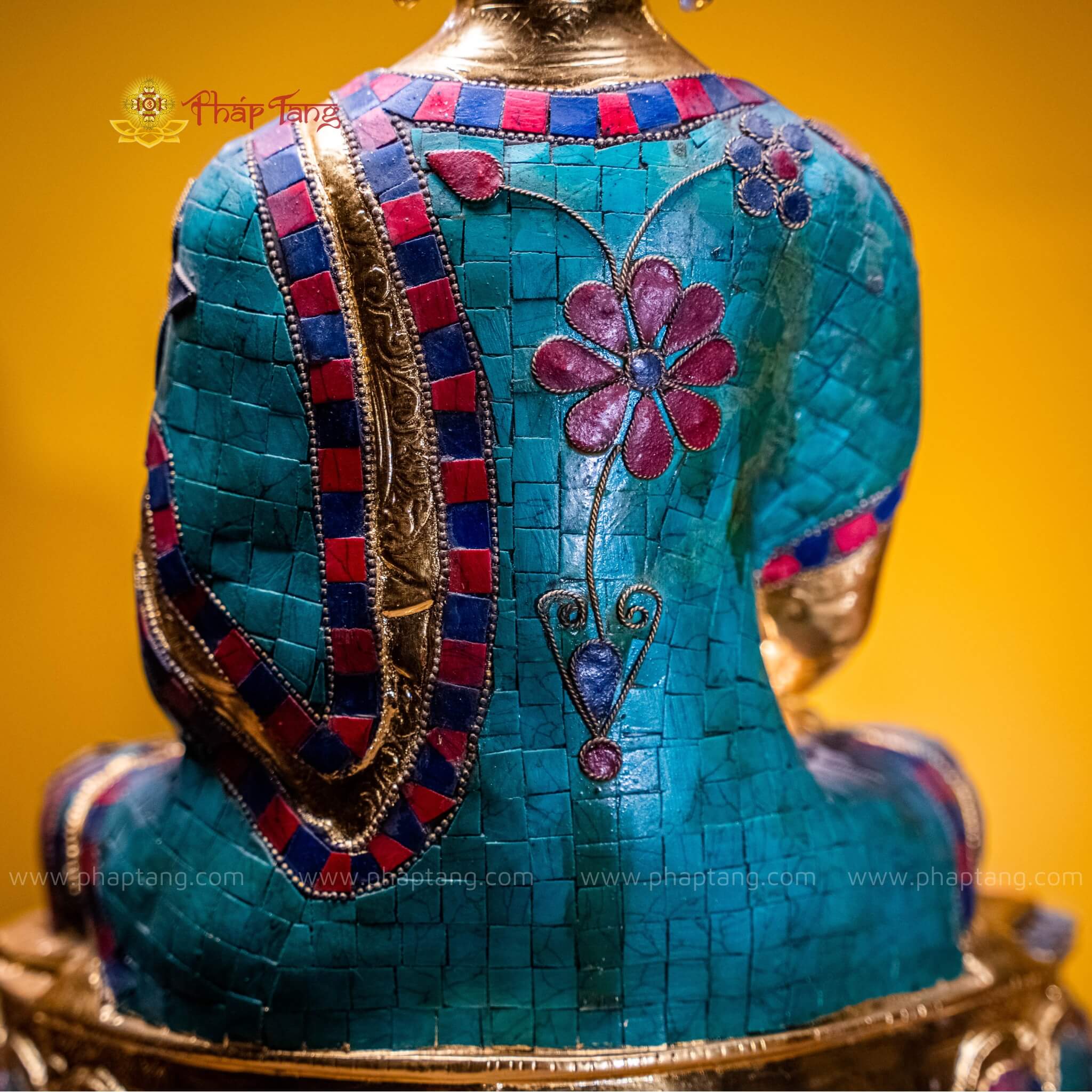 TƯỢNG PHẬT BỔN SƯ ĐỒNG GẮN ĐÁ XANH DÁT VÀNG 9999 40CM