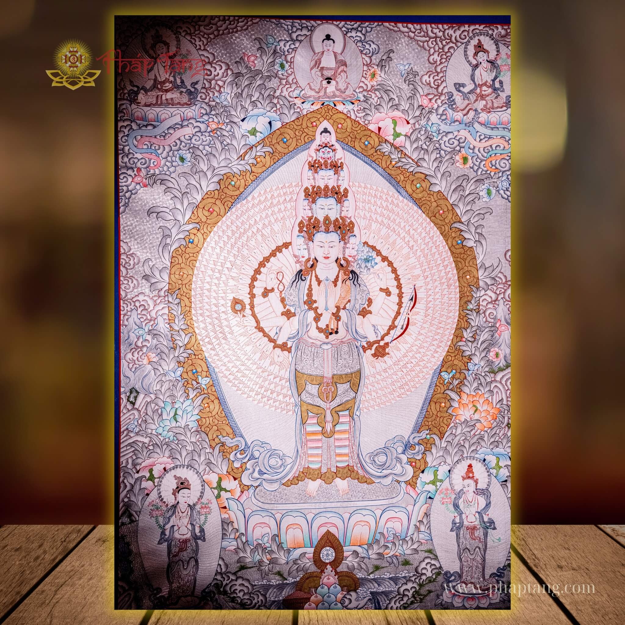 THANGKA THẬP NHẤT DIỆN QUAN ÂM DÁT BẠC KT 94X124CM