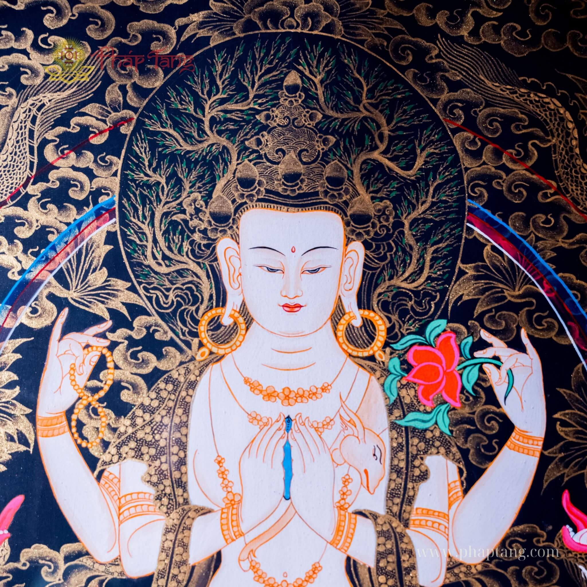 THANGKA BỒ TÁT QUAN ÂM TỨ THỦ NỀN ĐEN VẼ TAY THỦ CÔNG NEPAL KT 127X157CM