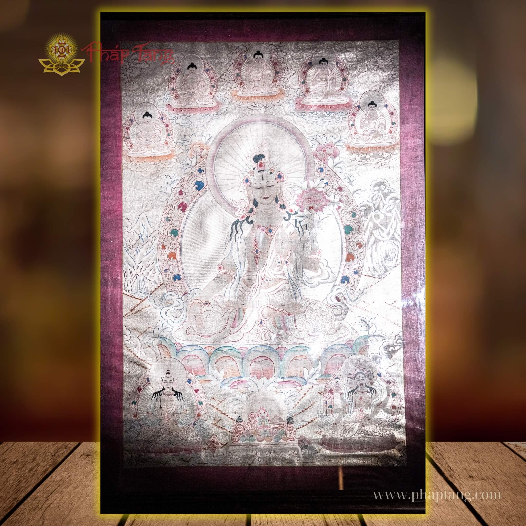 THANGKA BỒ TÁT TARA TRẮNG DÁT BẠC 50 NĂM TU VIỆN GOMPA KT 95x125cm
