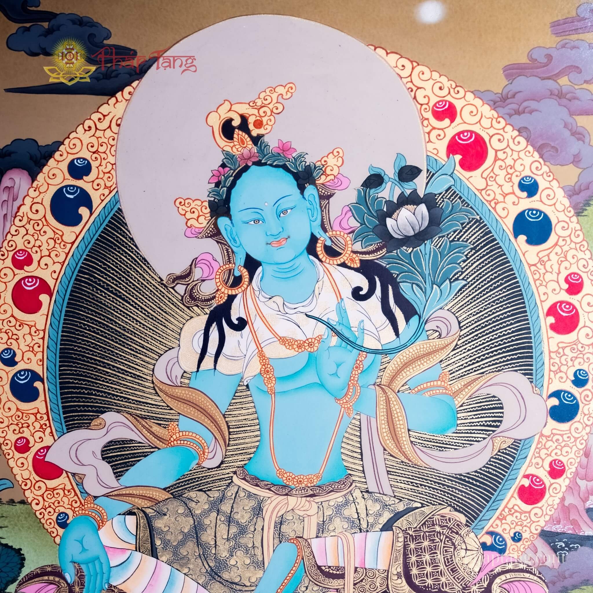 THANGKA BỒ TÁT TARA XANH VẼ TAY NEPAL KT 66X53CM