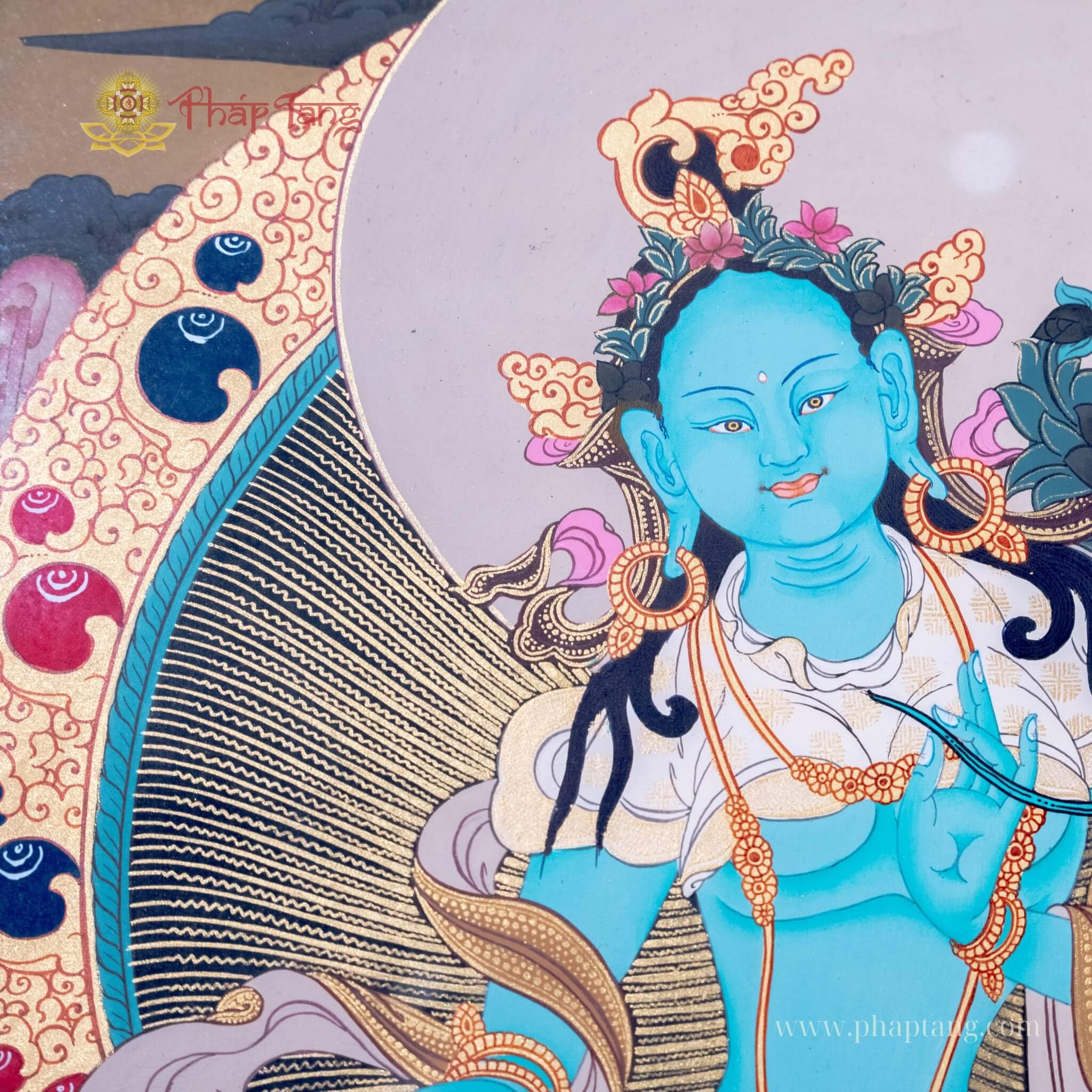 THANGKA BỒ TÁT TARA XANH VẼ TAY NEPAL KT 66X53CM